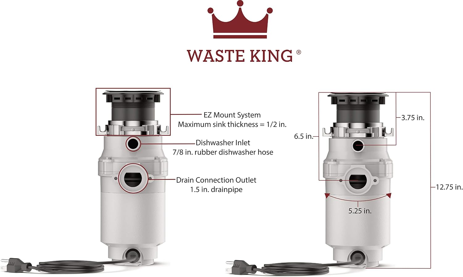 Waste King L-1001 Garbage Disposal with Power Cord, 1/2 HP & 1025 EZ Mount Garbage Disposal Stopper and Splash Guard, Black