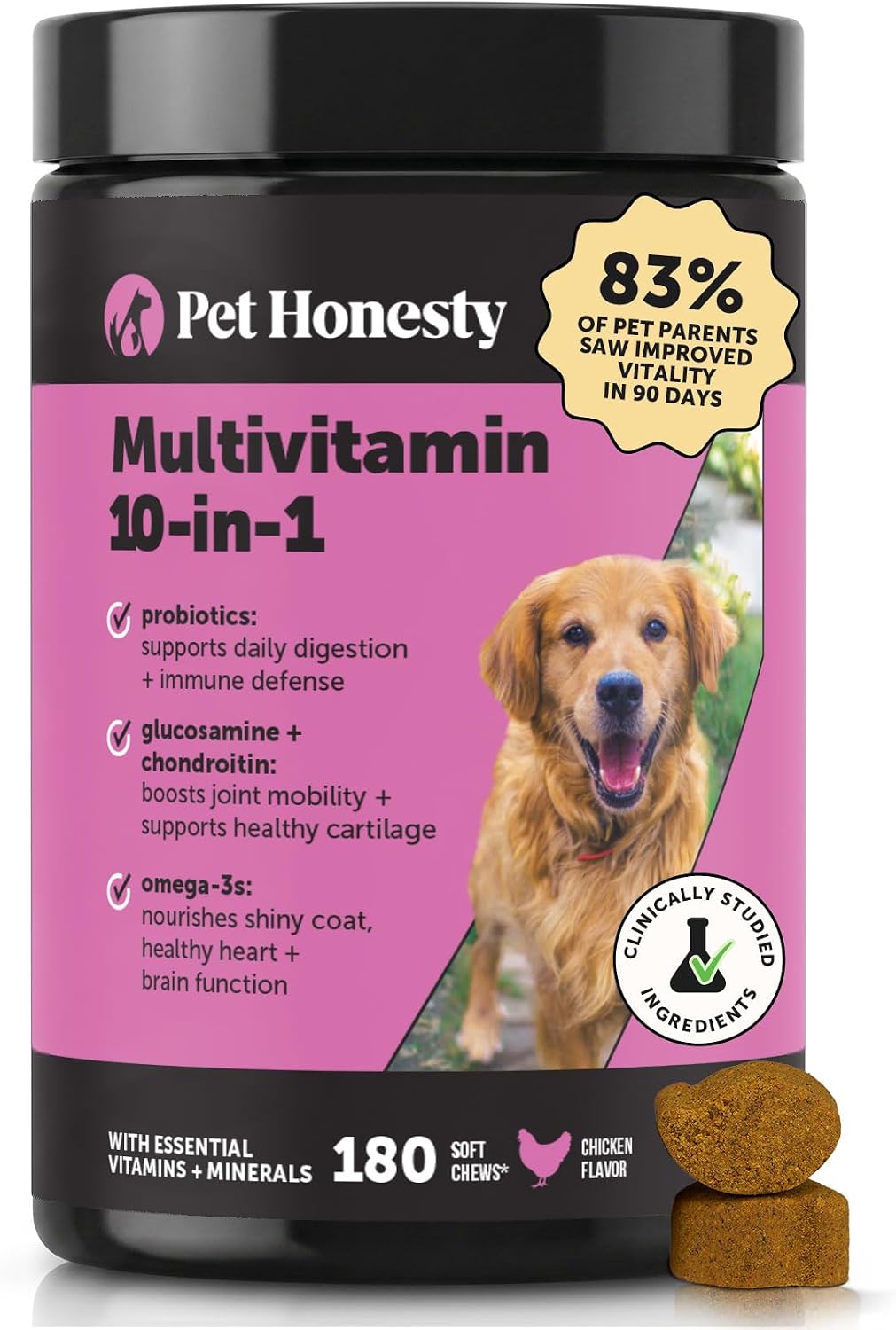 10-in-1 Dog Multivitamin Supplement with Glucosamine & Probiotics - Hip & Joint Support, Digestive Health, Immune Support, Heart & Skin - All-in-One Daily Vitamins & Omega-3s for Dogs, Chicken, 90 Ct