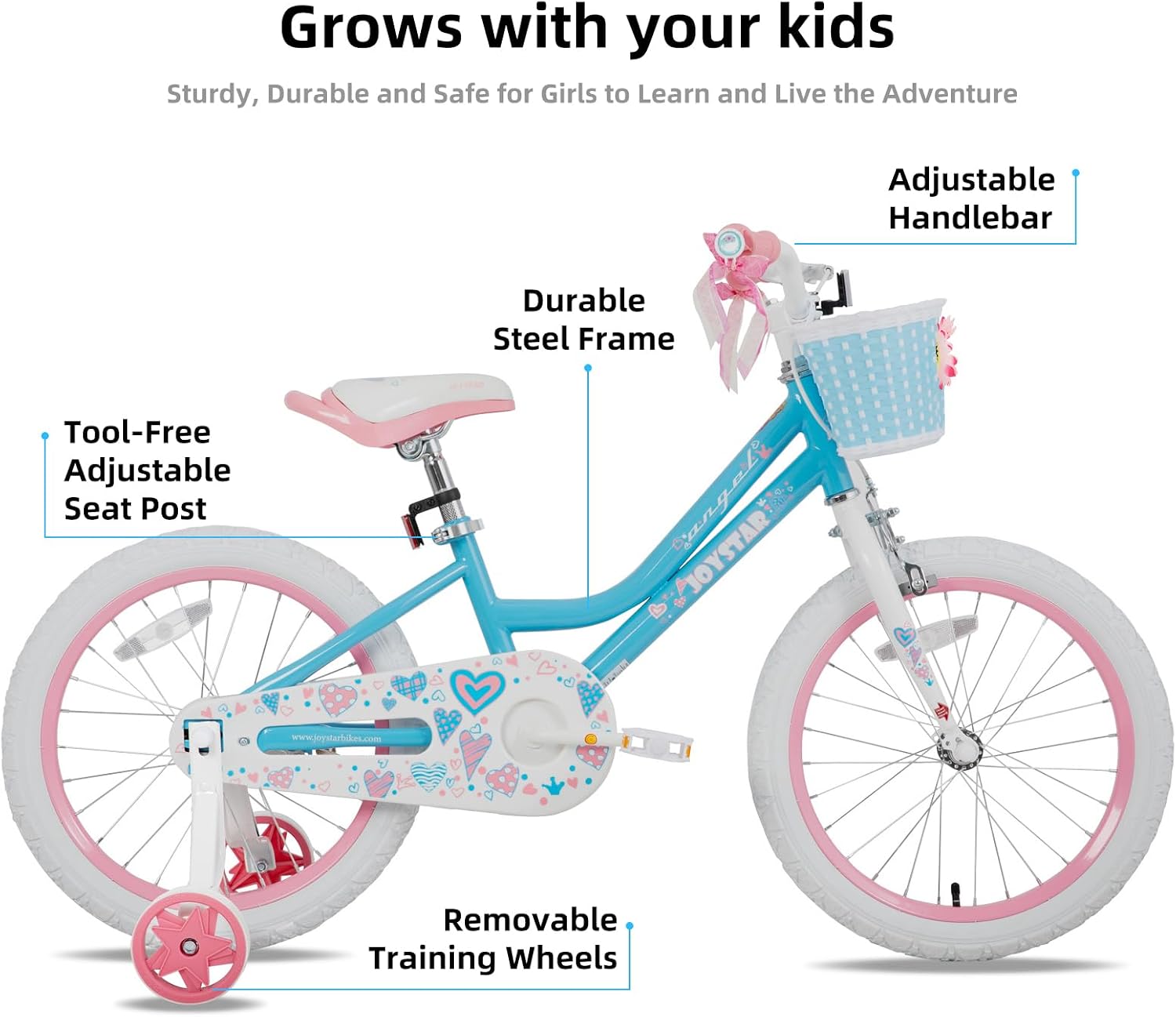JOYSTAR Angel Girls Bike for Toddlers and Kids Ages 2-12 Years | 12-20 Inch Kids Bike with Training Wheels & Basket, 20 24“ Bicycle with Kickstand