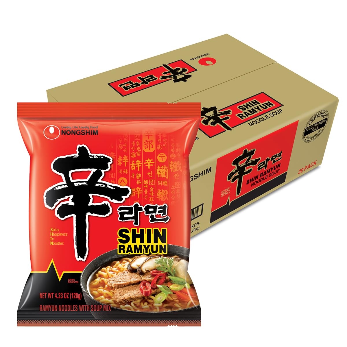 Nongshim Shin Ramyun Noodles, Spicy Korean Signature Instant Ramyun, Rich Beef Flavored Broth, Microwaveable, Korean Instant Noodles, 4.23 oz (Pack of 20), Packaging May Vary.