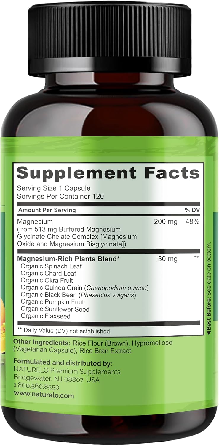 NATURELO Magnesium Glycinate Chelate Complex - 200 mg Magnesium, 120 Count | Support Sleep, Calm, Muscle Cramp & Stress Relief, Gluten Free, Non GMO, with Organic Vegetables