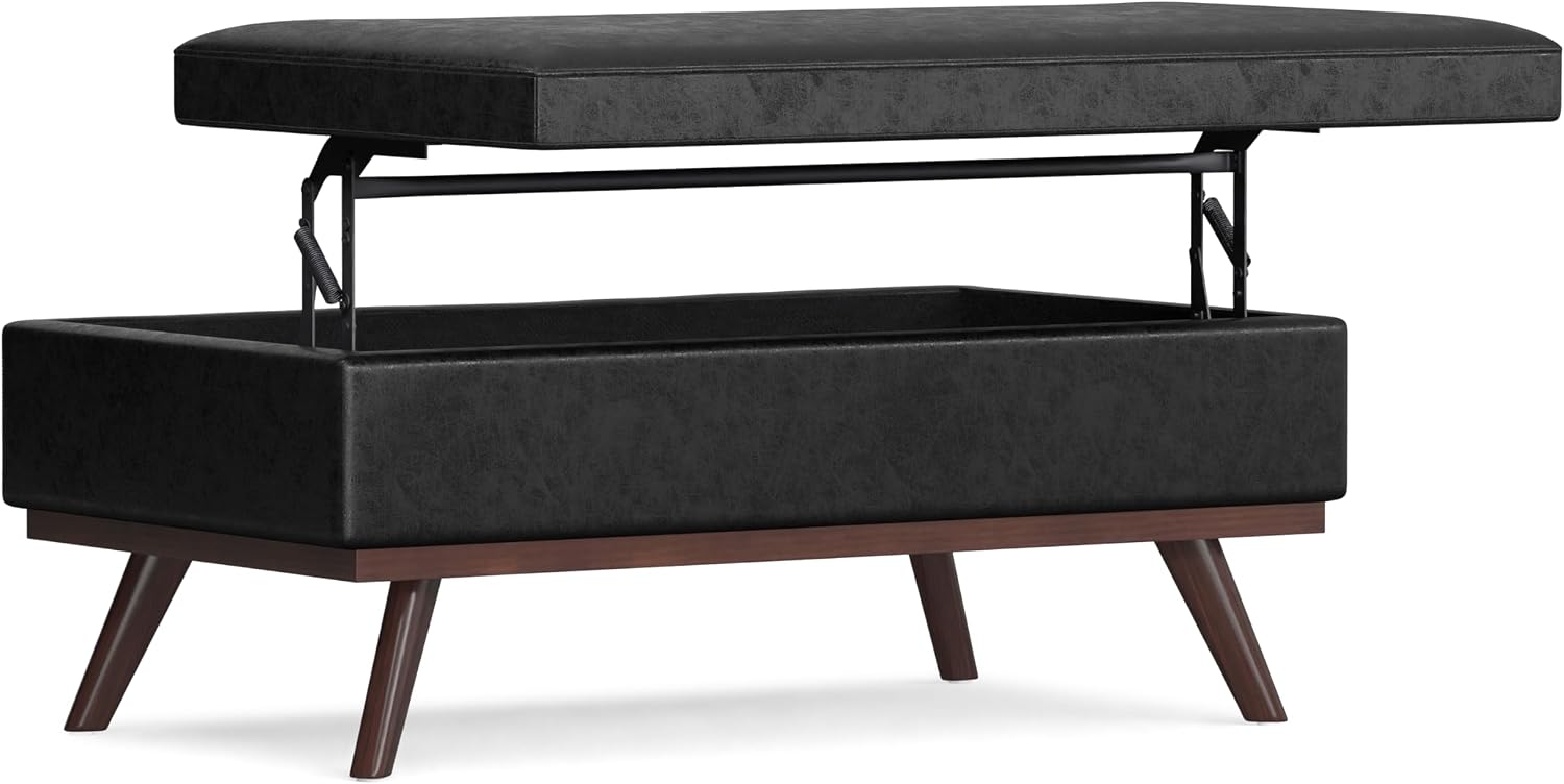 SIMPLIHOME Owen 34" Wide Vegan Leather Lift Top Ottoman in Dark Blue