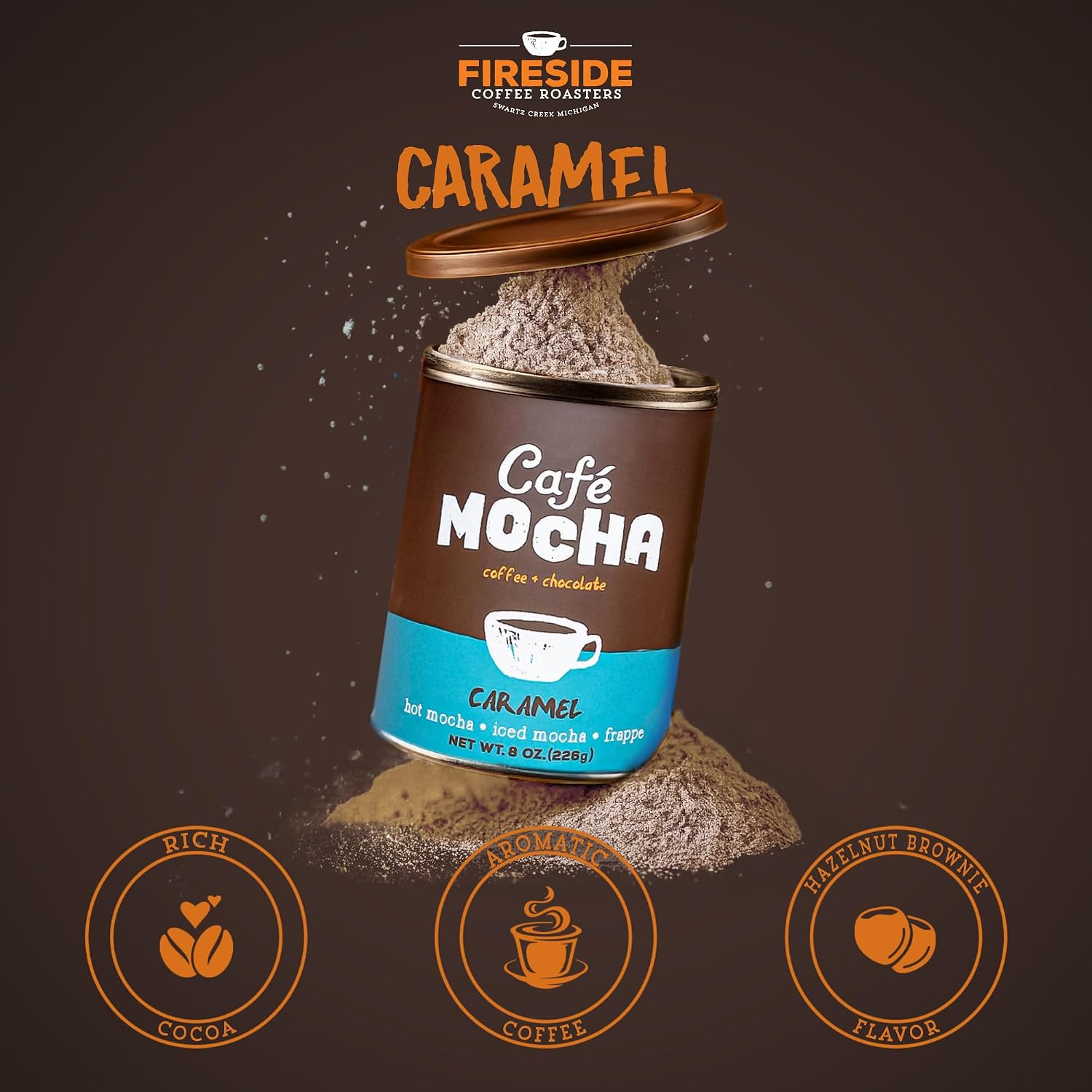 Fireside Coffee Irish Cream Cafe Mocha - Premium Instant Coffee Chocolate Blend - Versatile Caffeinated Drink Mix for Hot, Iced, Milkshake, and Mocha Frappe Mix, Only Add Water and Enjoy, 8 Ounces