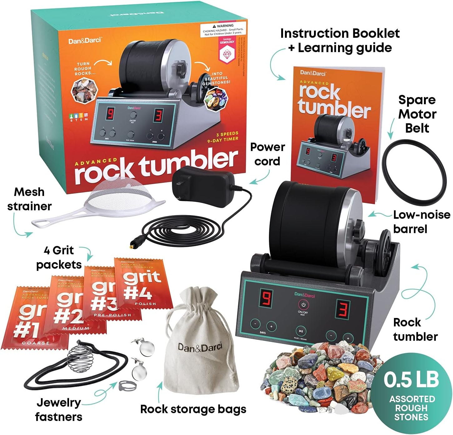 Dan&Darci Advanced Professional Rock Tumbler Kit - with Digital 9-Day Polishing Timer & 3 Speed Settings - Turn Rough Rocks into Beautiful Gems :