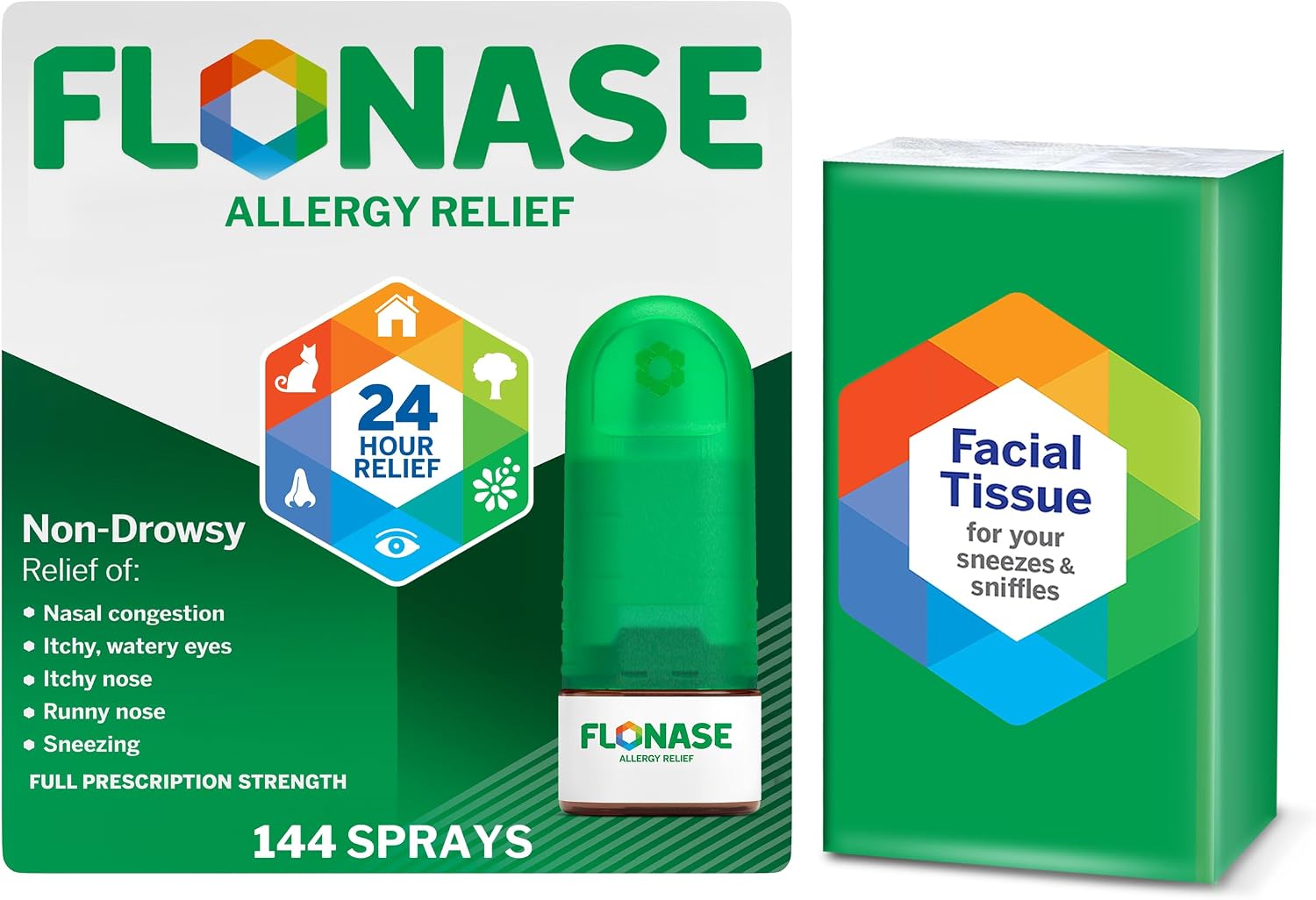 Flonase Nasal Spray for Allergy Relief, Tissues Included, 144 Sprays | Fluticasone Propionate Nasal Spray, Multi-Symptom Relief
