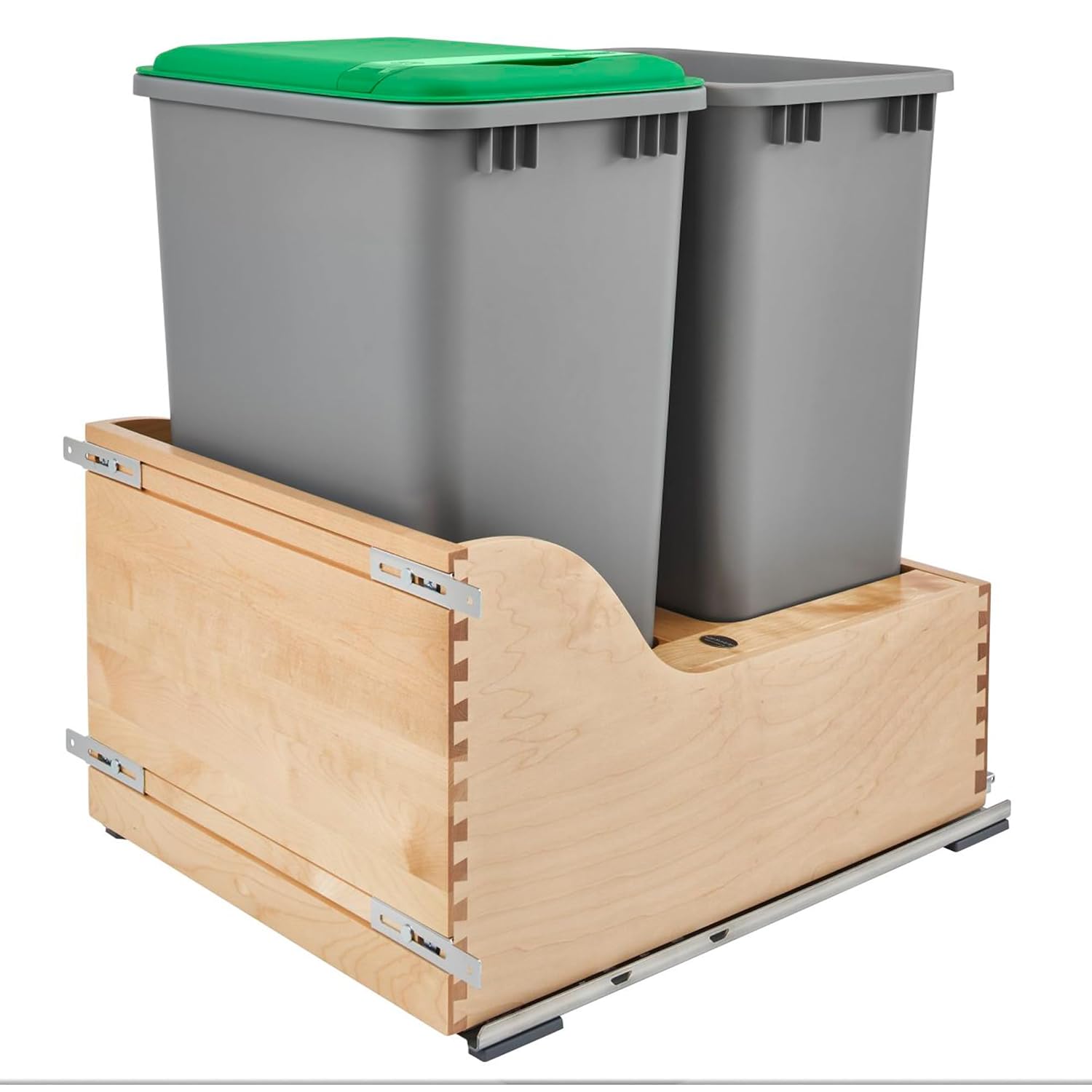 Rev-A-Shelf Double Pullout Trash Can, Min Cabinet Opening 18" W, 50 Qt | w/ Soft-Close, Under Cabinet Waste/Recycling Bin w/ Lid, Silver, 4WCSC-2150DM-2