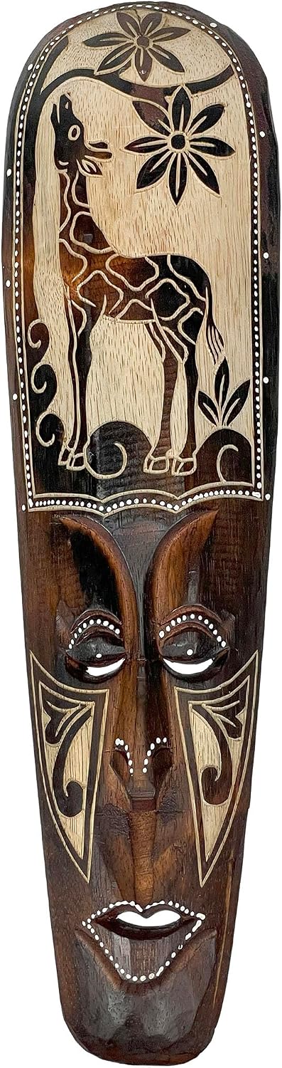 Zeckos Set of 5 African Animal Wall Masks, Hand-Carved Wood, 20 Inch | Painted Black Backdrop with Natural Grain