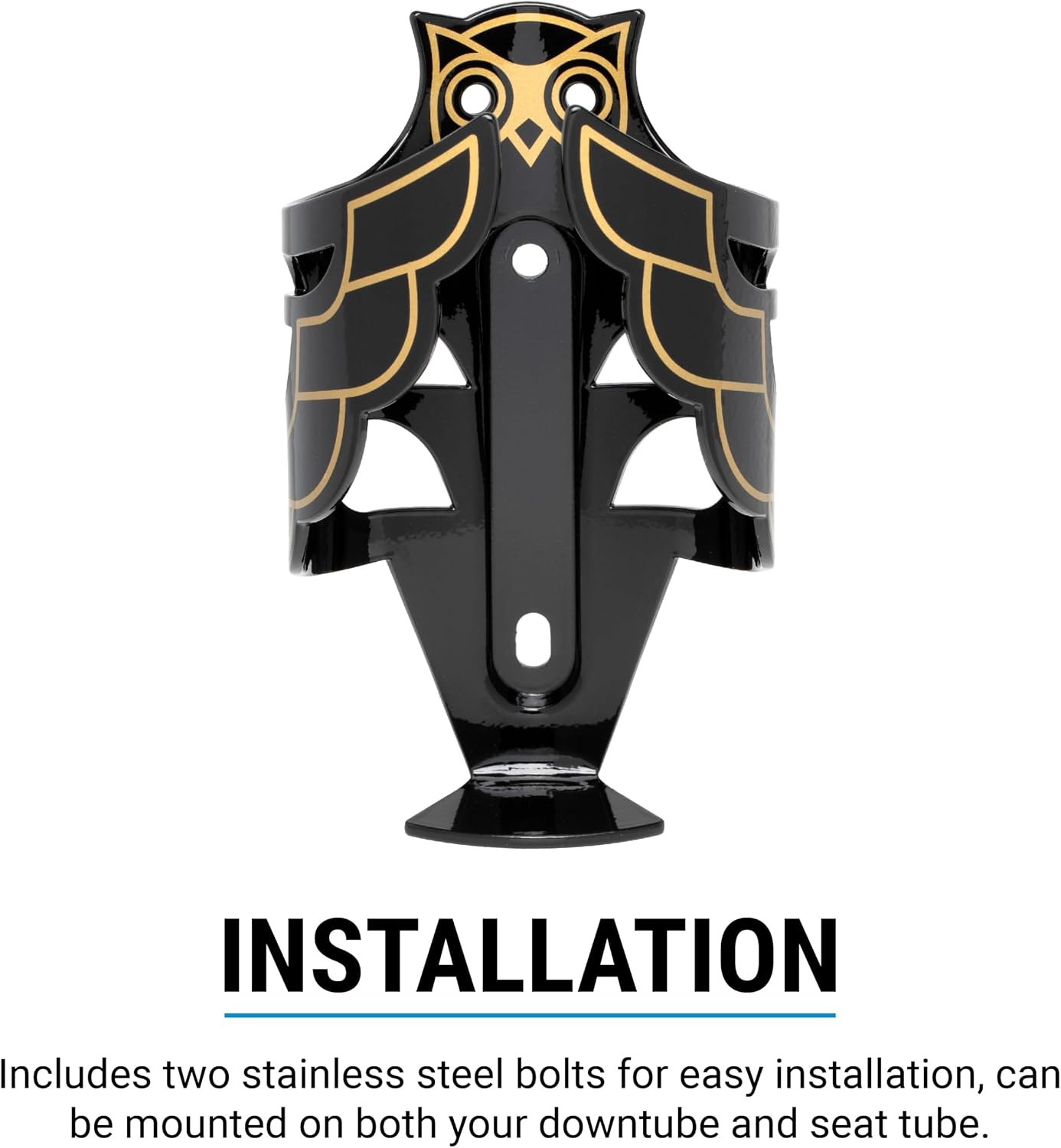 Portland Design Works Water Bottle Cage - Lightweight Water Bottle Holder for Bikes, Owl Cage, Black/Gold