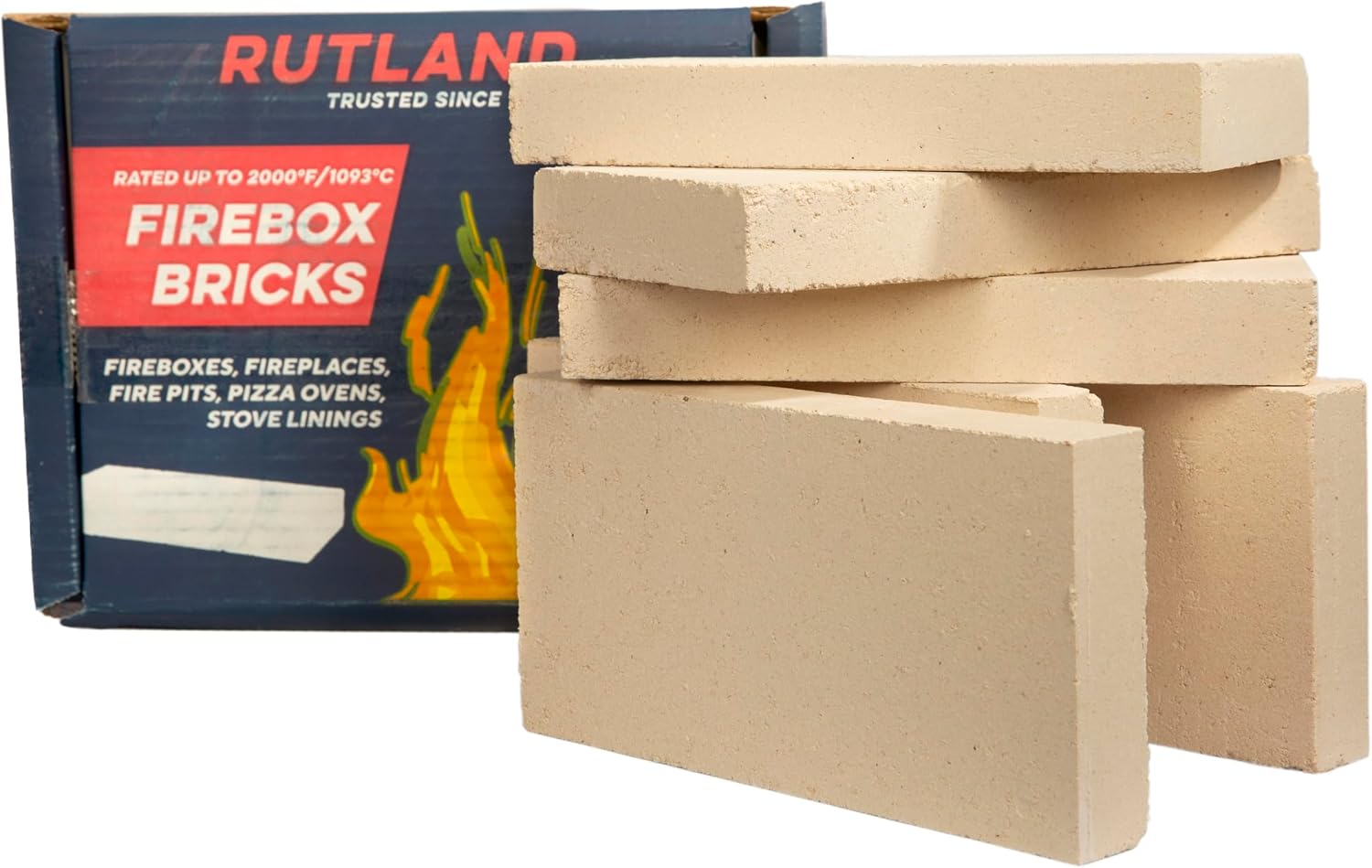 Rutland Fire Bricks, Properly Cured High Temperature FireBrick, USA-Made Residential Fire Clay Replacement for Wood Stove, Fireplace, & Pizza Oven, Size 9" x 4.5" x 1.25", 6-Pack, Tan
