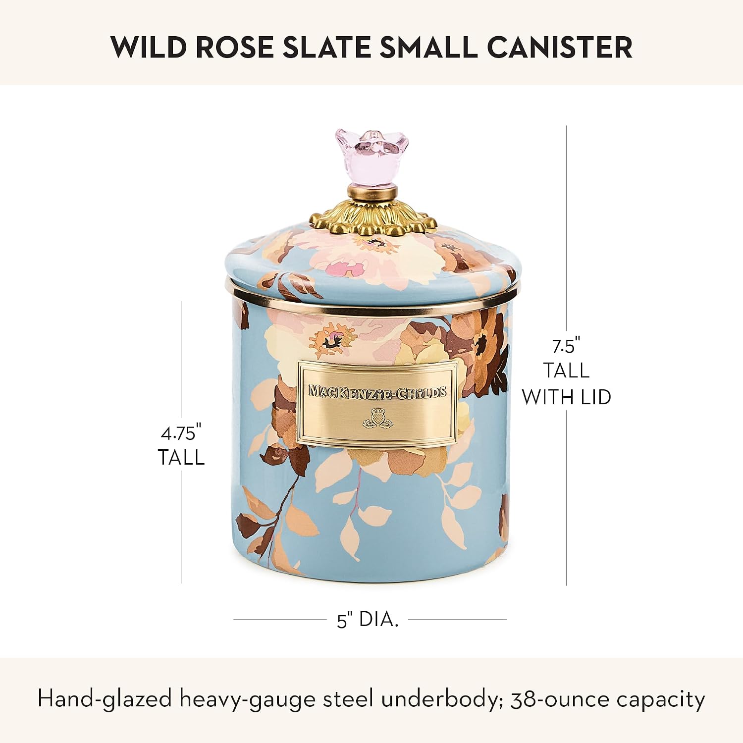 MACKENZIE-CHILDS Enamel Canister, Small, Wild Rose Brown | Hand-applied design, made from enameled steel, versatile kitchen storage container for flour and sugar, 38-ounce capacity