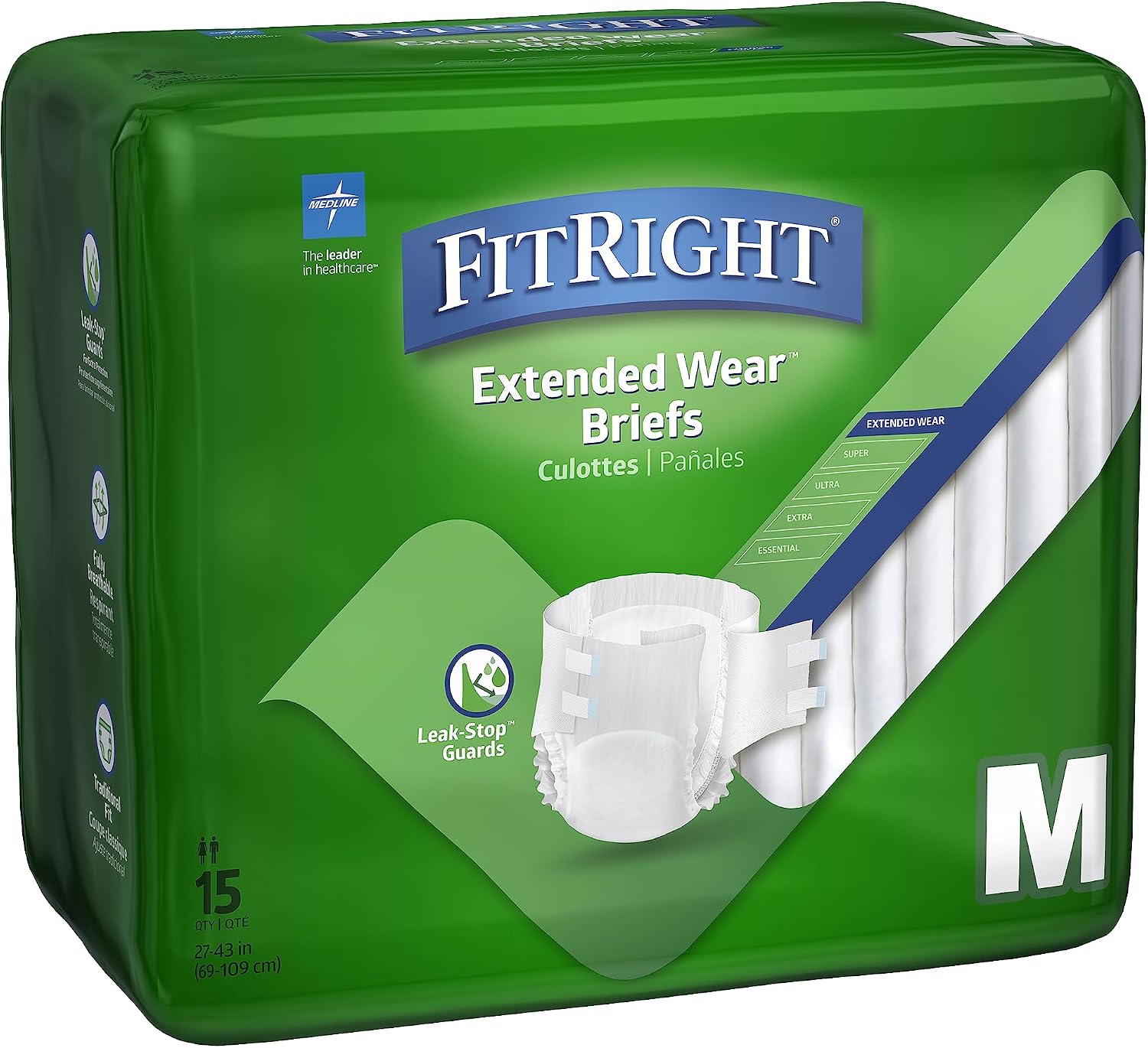 FitRight Adult Incontinence Briefs with Tabs, Extended Wear, Medium, 27" to 43", 15 Count