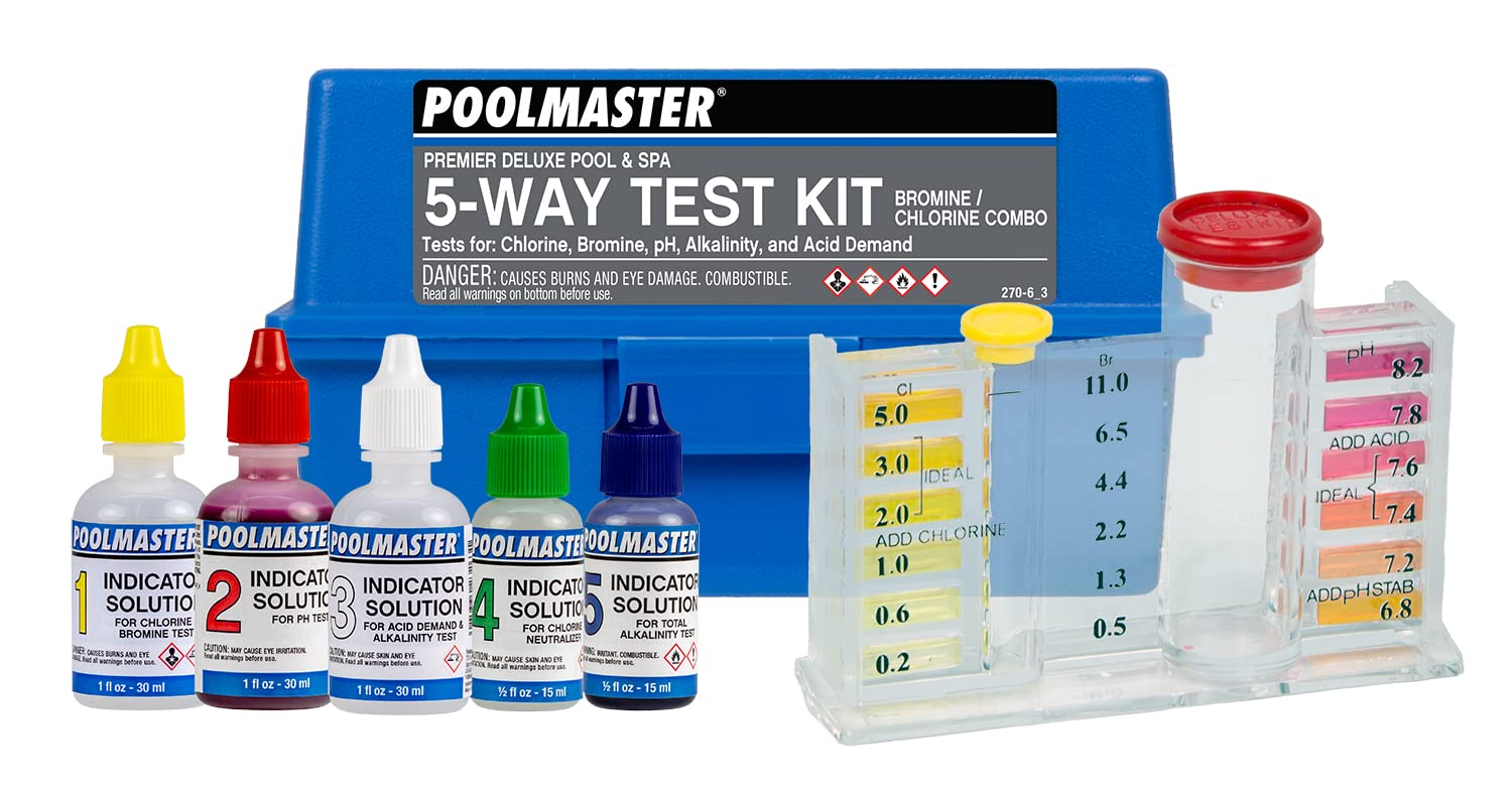 Poolmaster 5-Way Pool and Spa Water Test Kit with Case, Swimming Pool Chemical Test Kit for Chlorine, Bromine, pH, Alkalinity and Acid Demand