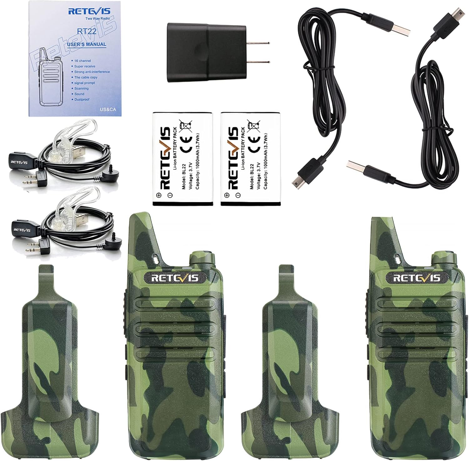 Retevis RT22 Walkie Talkies Long Range Rechargeable with Earpiece (2 Pack) | Slim & Lightweight 2 Way Radio For Camping & Hiking, Pocket-Friendly Antenna, Ready to Use, 10-Hour Battery, USB-C Charging