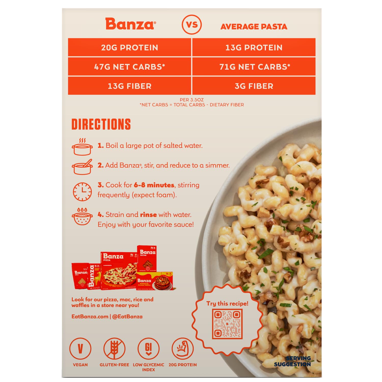 Banza Cavatappi Pasta from Chickpeas - Gluten Free, High Protein, and Lower Carb Protein Cavatappi Chickpea Pasta - 8oz | High Protein Pasta with 20g per Serving - No-Compromises Taste & Texture - Gluten Free and Lower Carb