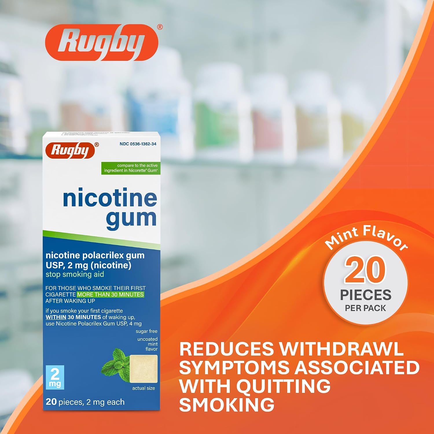 Rugby Polacrilex 2mg Nicotine Gum, Uncoated Mint Flavor, 20 Count (1-Pack) | Sugar-Free Stop Smoking Aid