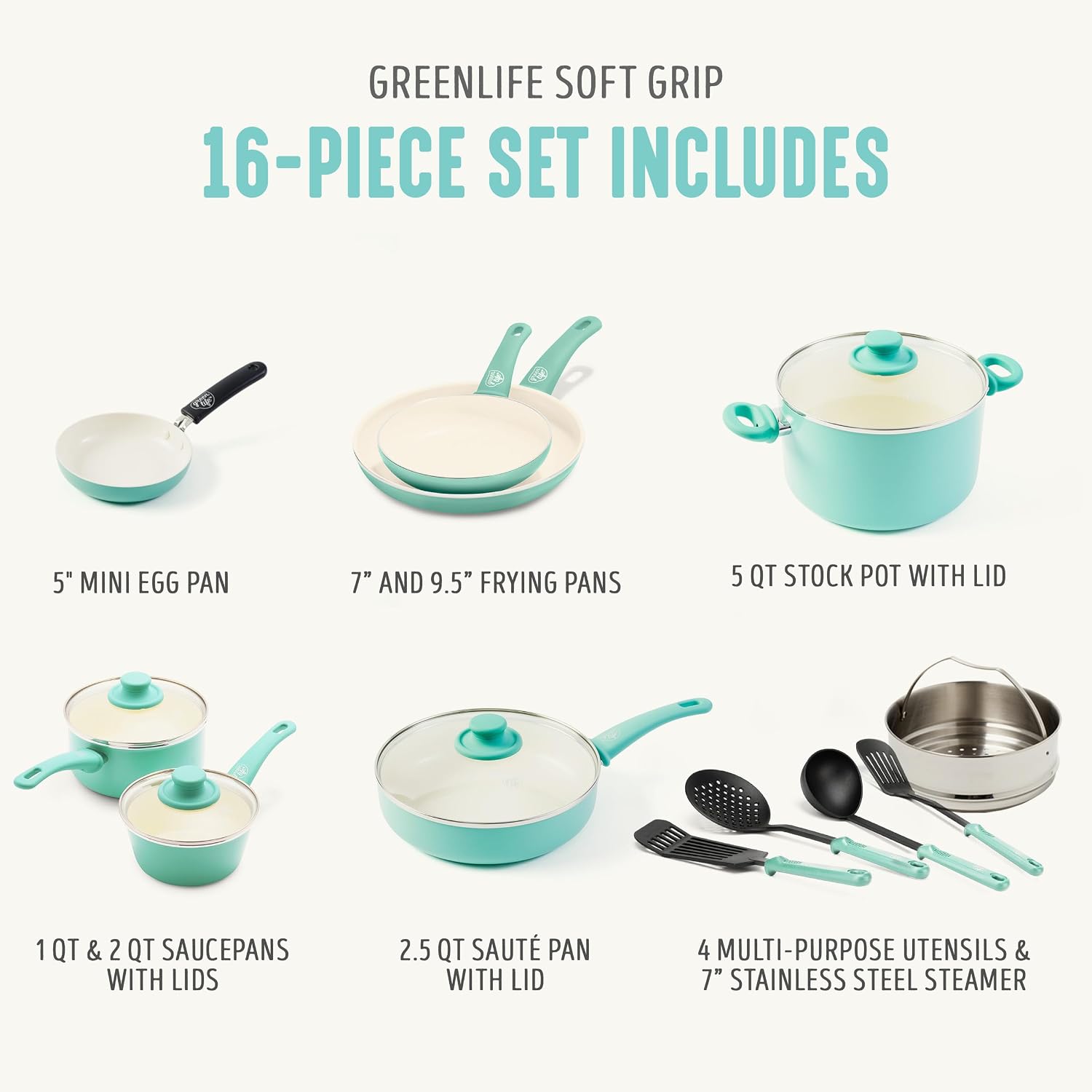 GreenLife 16 Piece Ceramic Nonstick Pots & Pans Cookware Set, Turquoise | PFAS-Free Ceramic Nonstick, Stockpot, Frying Pans, Saucepans, Sauté Pan, Stay-Cool Handles, Dishwasher & Oven Safe up to 350F