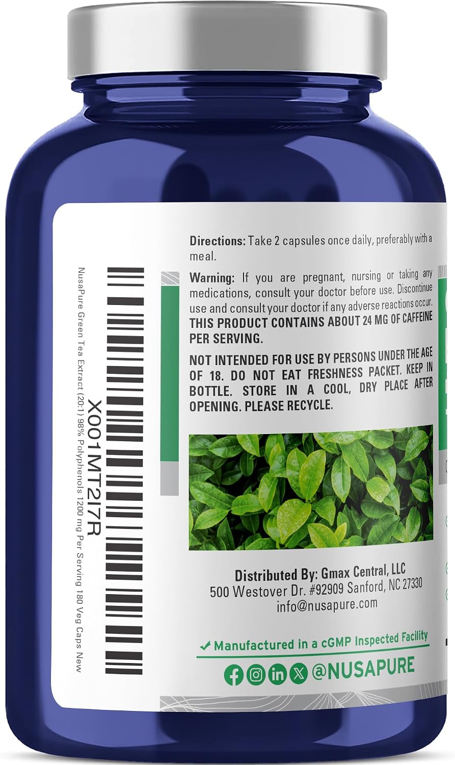 NusaPure Green Tea, 1200 mg, Non GMO, Vegan, 180 Veggie Caps - 90 Servings | Camellia Sinensis 20:1 Extract, Supports Nutritional Supplementation