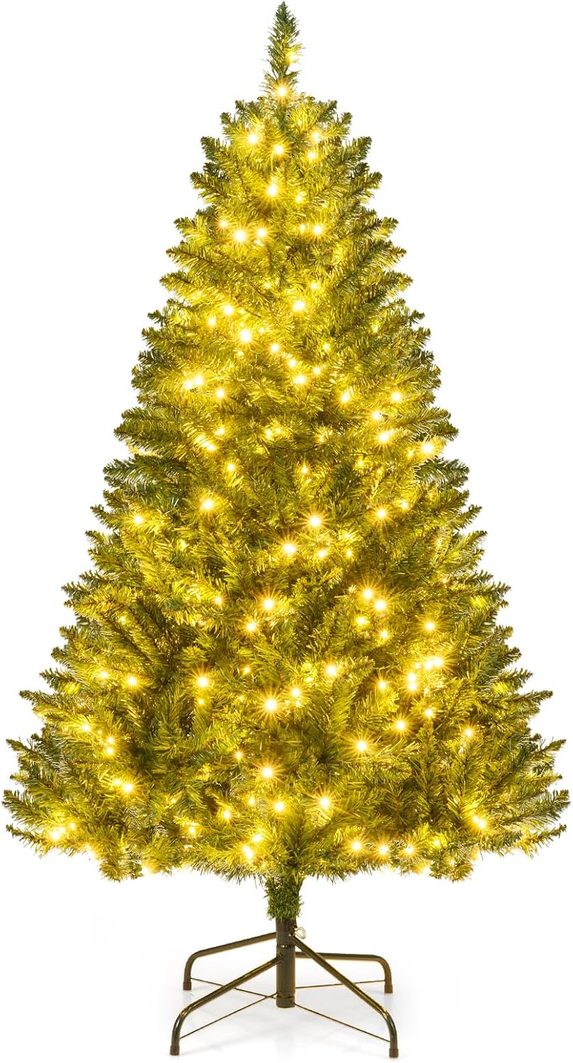 Goplus 7.5ft Pre-Lit Artificial Christmas Tree, Premium PVC Snow Flocked Hinged Pine Tree with Metal Stand and LED Lights