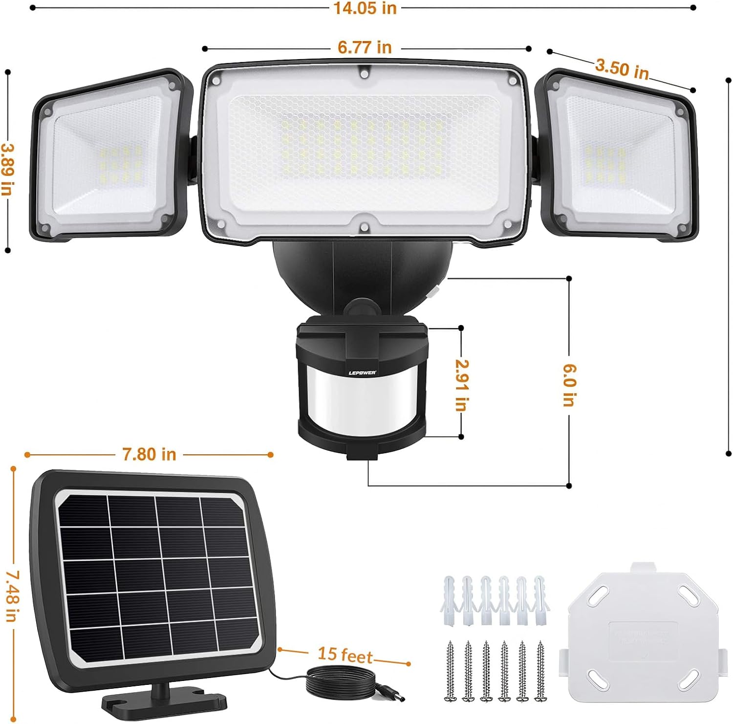 LEPOWER Solar LED Security Lights, PIR Motion Sensor Outdoor, 1600LM, Yard | 5500K Daylight, 72FT180° Motion Sensor Flood Light, 3 Adjustable Head, Easy Install, IP65 Waterproof for Porch, Patio, Garage