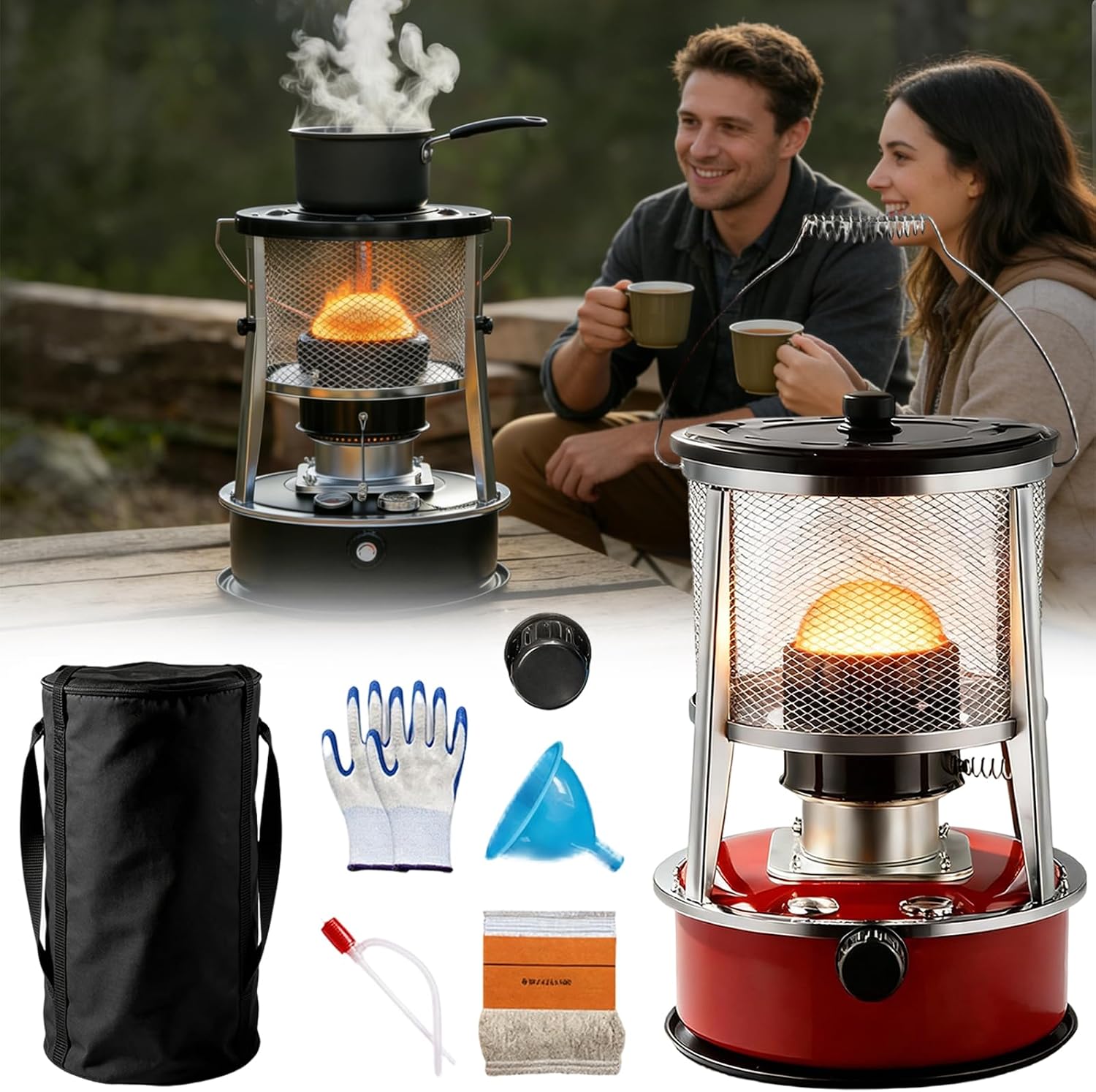 Indoor Heater Non-Electric, 9000 BTU Portable Kerosene Heater for Indoor & Outdoor Use, with Cooking Function, 6 Wicks & Bag, Height Adjustable for Camping, Emergency Heat & Survival (Black)