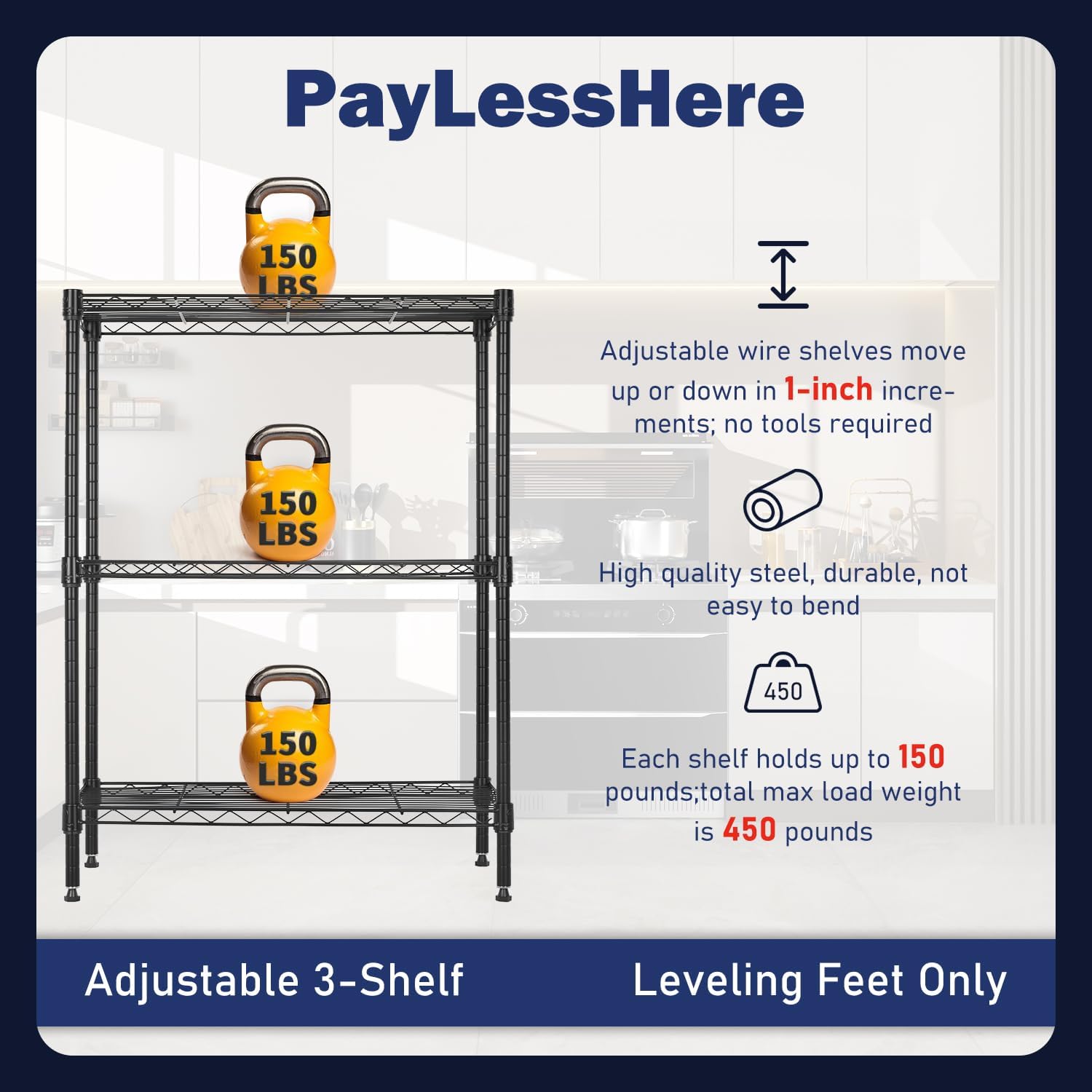 PayLessHere | 6-Tier Wire Shelf with Wheels | 45"x18"x82" | Black
