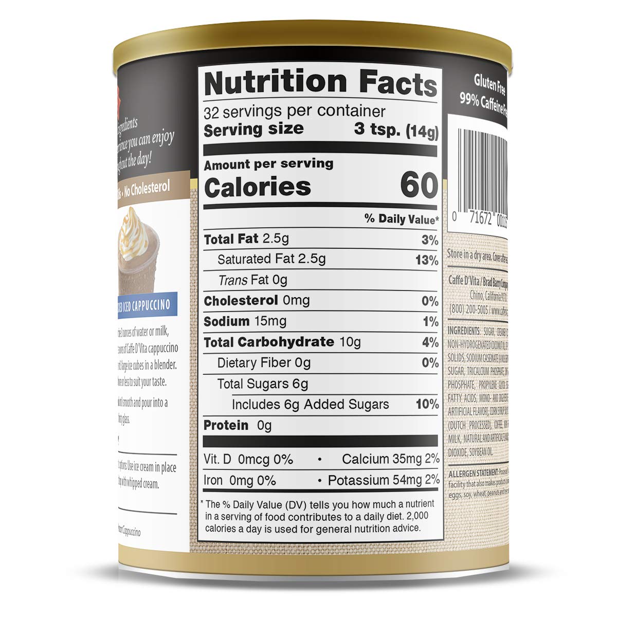 Caffe D'Vita Mocha Cappuccino Mix - 4 lb can (64 oz.) | Instant Cappuccino Mix, Gluten Free, No Cholesterol or Trans Fat, 99% Caffeine Free, Mocha