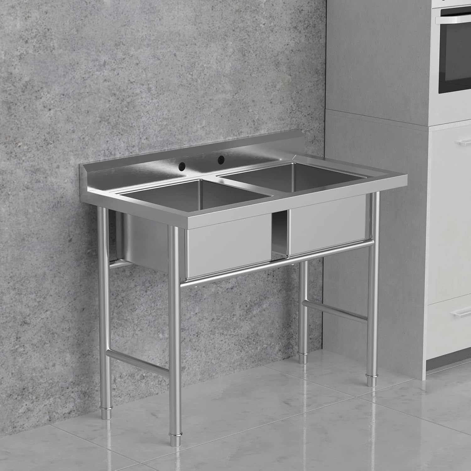 Bonnlo Commercial 304 Stainless Steel Sink 2 Compartment Free Standing Utility Sink for Garage, Restaurant, Kitchen, Laundry Room, Outdoor