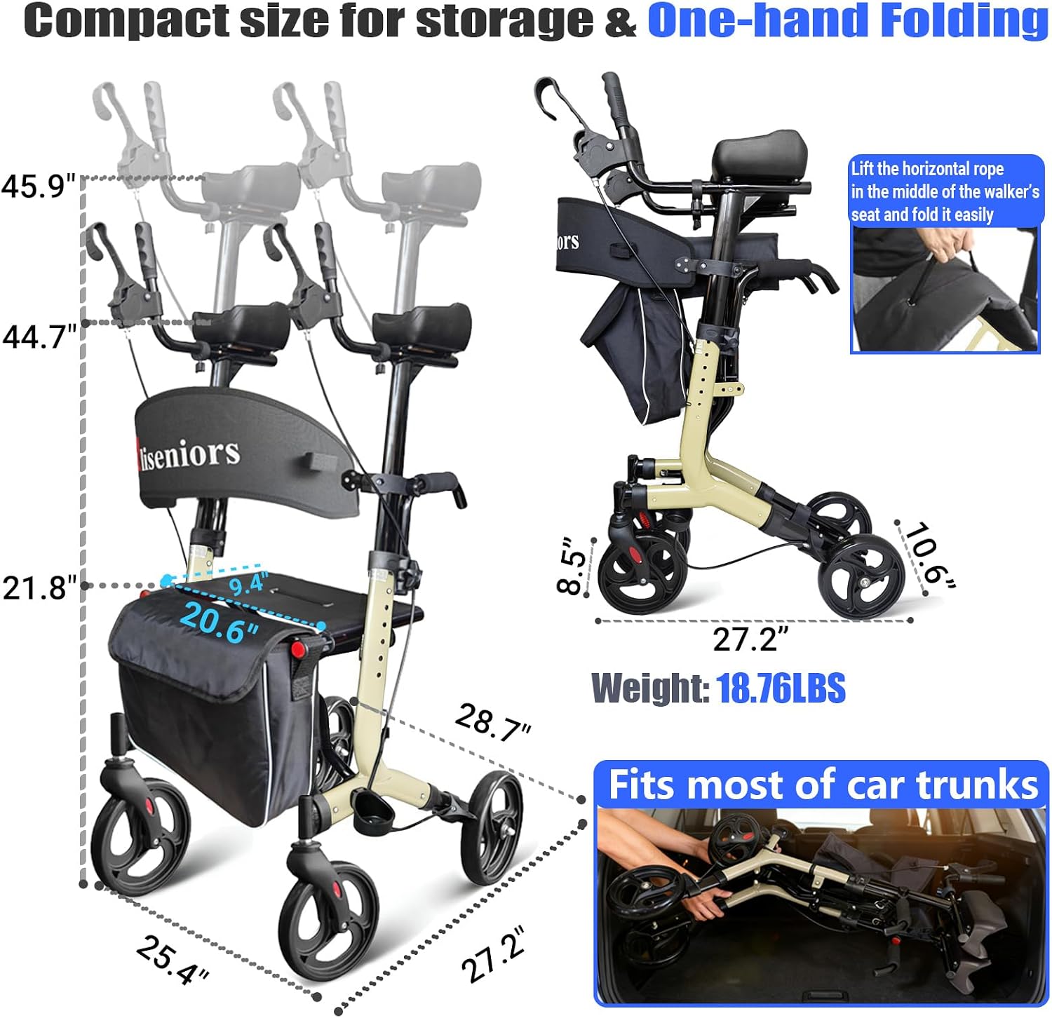Aliseniors Upright Walker for Seniors - Big Stand Up Walker with Wide Seat, Foldable 4 Wheel All-Terrain Rolling Walker, Adjustable Armrests, 300lbs, Improves Posture & Reduces Back Strain | 20.6" Wide Seat, Foldable Rollator, 8" All-Terrain Wheels, Adju…