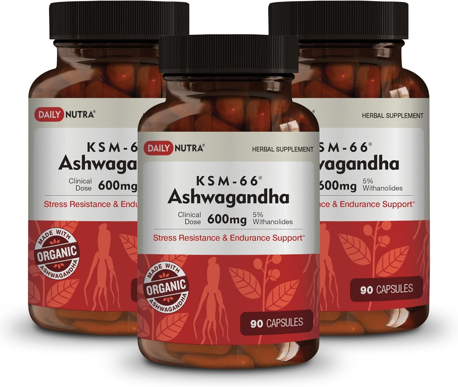 DailyNutra KSM-66 Ashwagandha 600mg Organic Root Extract - High Potency Supplement with 5% Withanolides | Relieves Tiredness, Supports Relaxation, Focus, Energy, & Muscle Growth (90 Capsules)