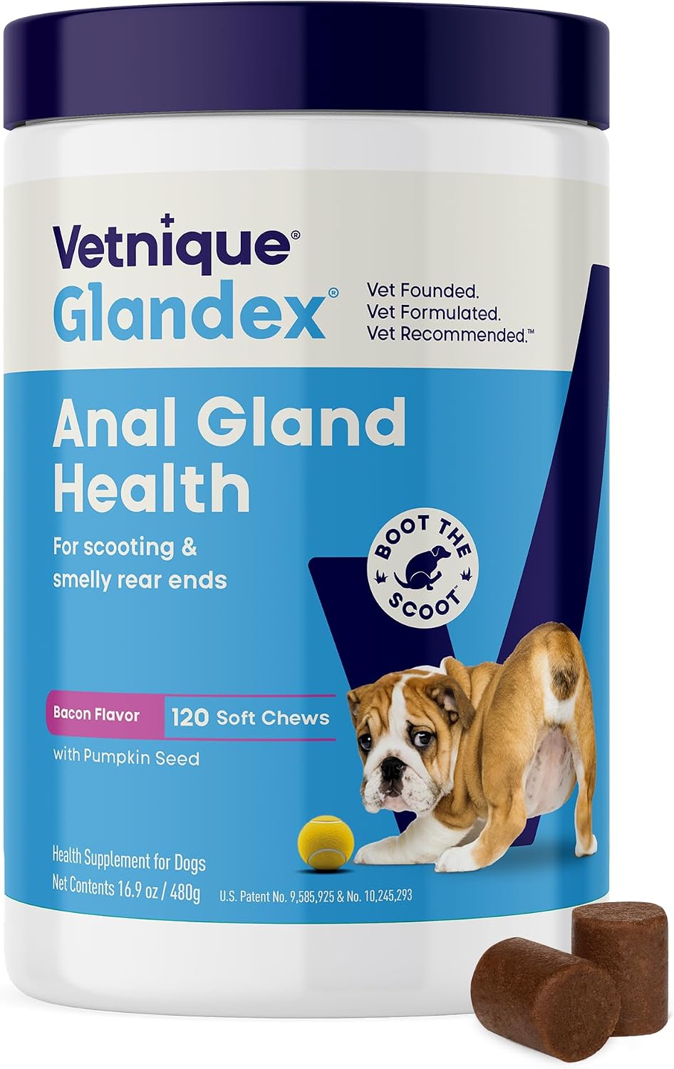 Vetnique Glandex for Dogs Anal Gland Chews 30ct, Pumpkin, Digestive Enzymes | Anal Gland Dog Treats, Boot the Scoot + Fishy Odor Support, Fiber, Probiotics, Quercetin + Apple Pectin, Peanut Butter