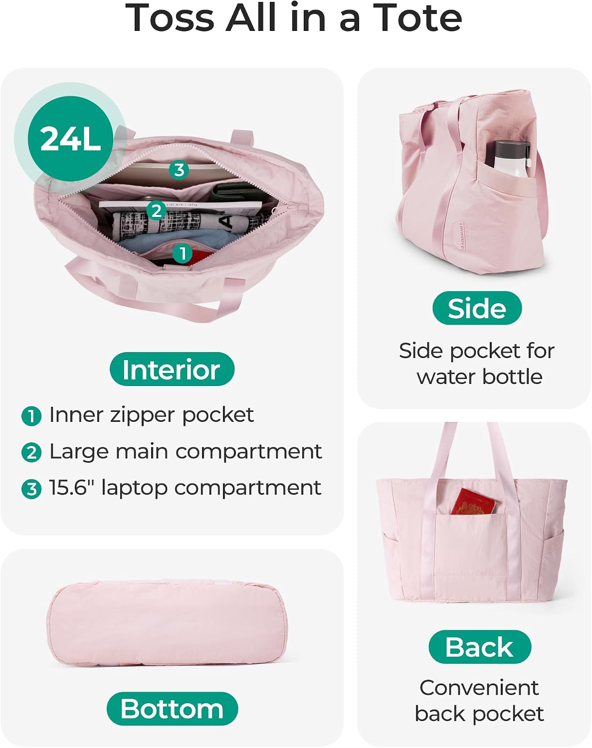 BAGSMART Gym Tote Bag for Women, 24L/28L Travel Tote Yoga Mat Bag