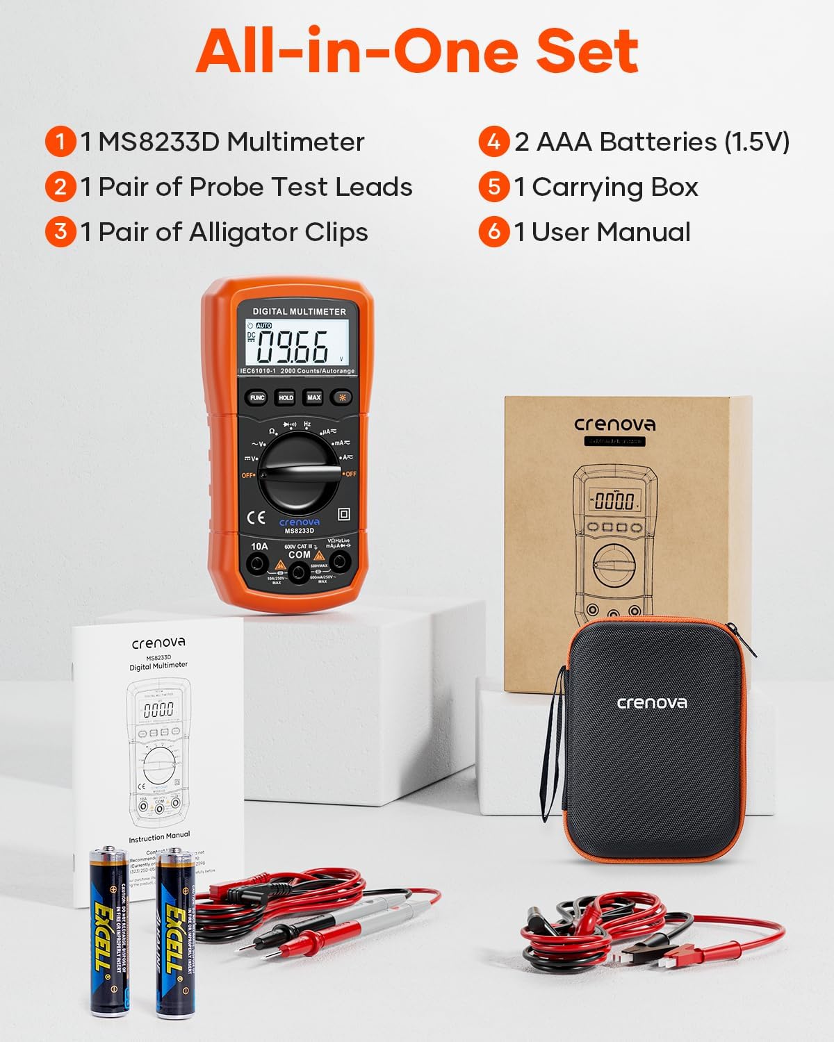 Crenova MS8233D Multimeter 6000 Counts Digital Multimeter DC AC Volt Meter Ohm Volt Amp Tester Measures Voltage Current Resistance Capacitance