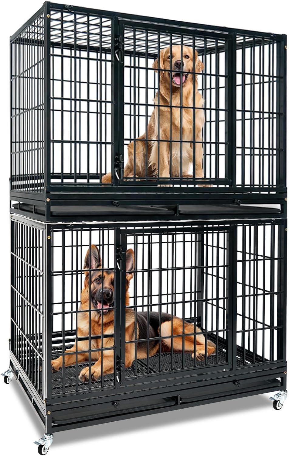 Homey Pet Three Tiers 43 inch Heavy Duty Dog Crate with Wheels, Dual Doors | Stackable Indestructible Steel Dog Cage Kennel Indoor with Divider, Trays, Bowls, Escape Proof Locks for Breeders and More