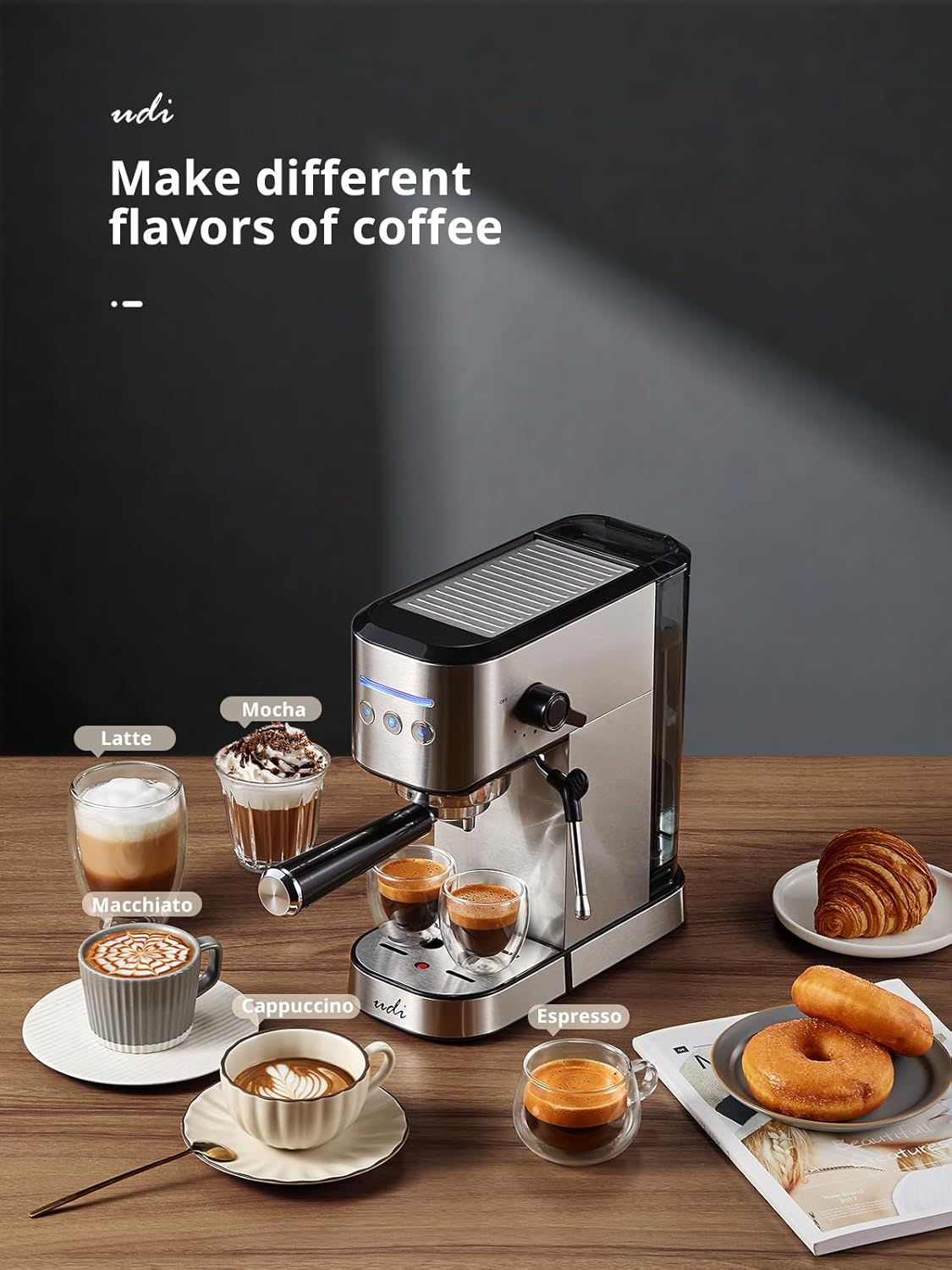 UDI Espresso Machine, 20 Bar High Pressure Professional Espresso Maker | with Milk Frother, Compact Stainless Steel Coffee Machine for Cappuccino