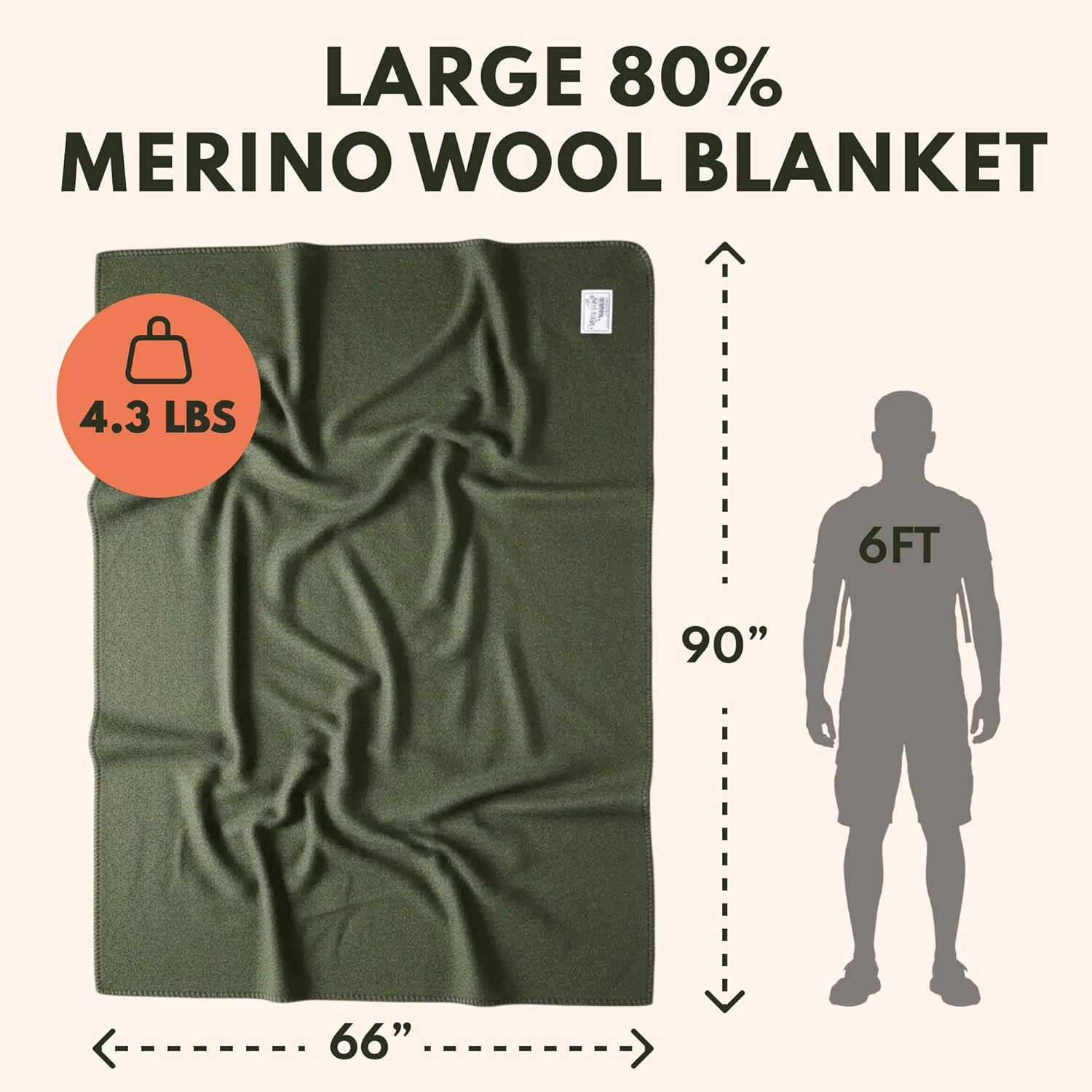 Woolly Mammoth Woolen Company Merino Wool Blanket, 66" x 90" Moss | Temperature Regulating - Fire-Resistant - Warm Camping Blanket for Car Emergency Kits, Picnics, Summer Festivals and Stadiums