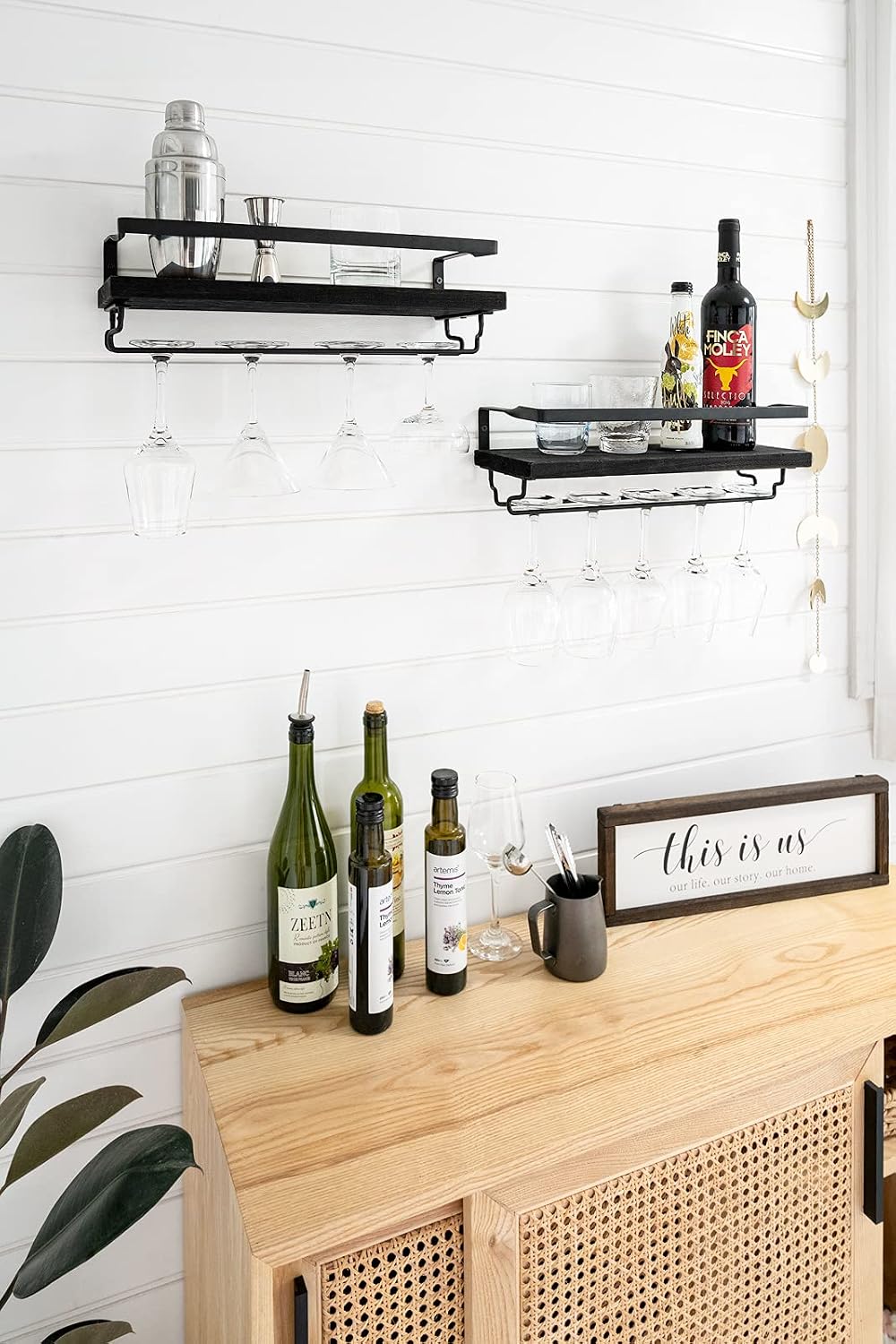 Mkono Wall Mounted Wine Rack Set of 2 Wood Rustic Wine Bottle Glass Floating Shelves with Stemware Hanger Modern Plants Photos Wine Display Storage