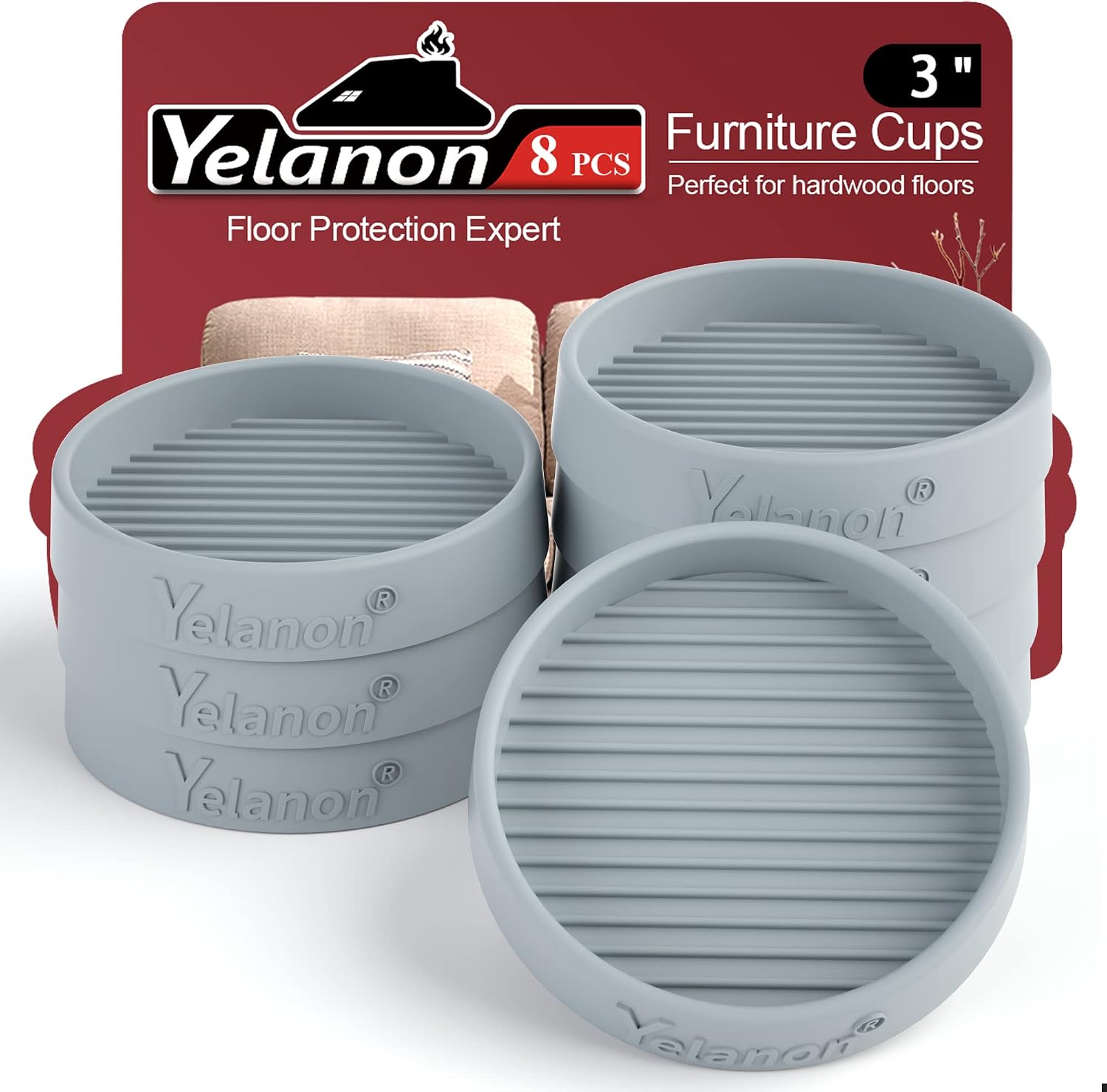 Yelanon Furniture Coasters 8 Pcs 3" Square Brown Caster Cups for Hardwood