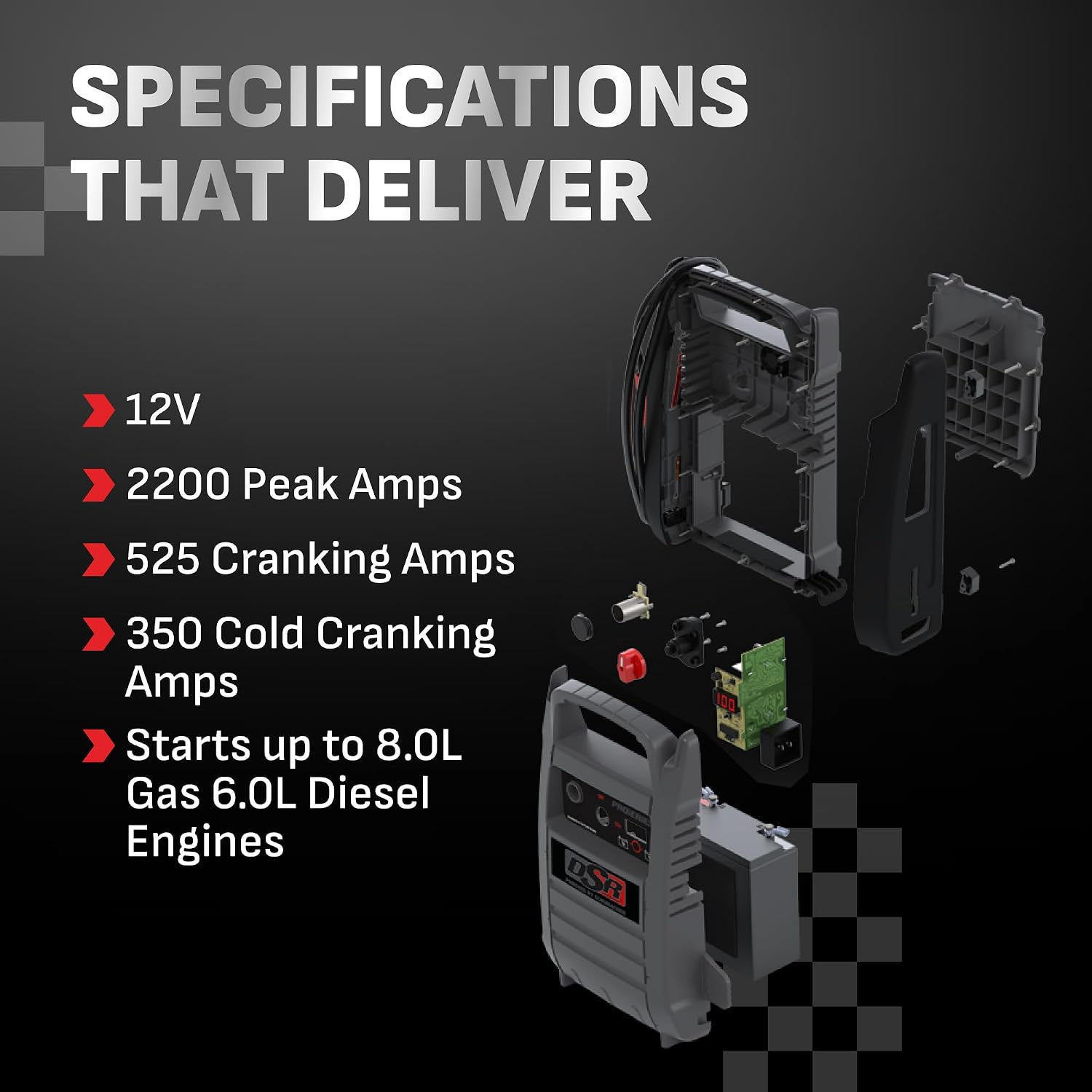 Schumacher Electric DSR ProSeries Car Battery Jump Starter - 2200 Peak Amp 12V Car Starter, Jump Box & Portable Power Station - Digital Display, Heavy-Duty Clamps - DSR165 | DSR Pro-Grade – 2200A – AGM Powered – 12V DC & 2.1A USB Portable Power – Auto, R…