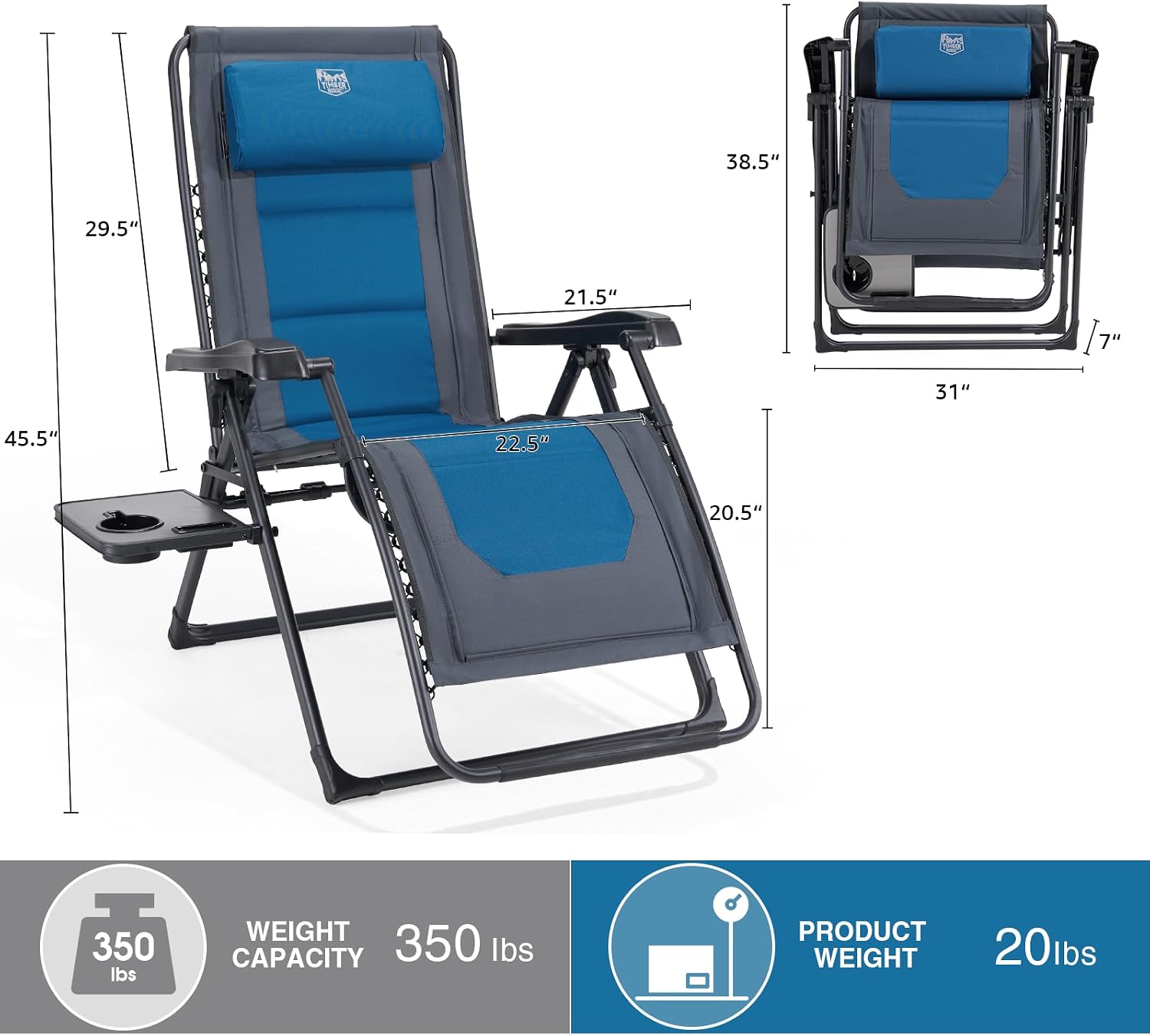 TIMBER RIDGE Zero Gravity polyester Chair Oversized Recliner 350lbs Capacity Patio Lounge Chair Padded Lawn Chair with Headrest XXL for Outdoor