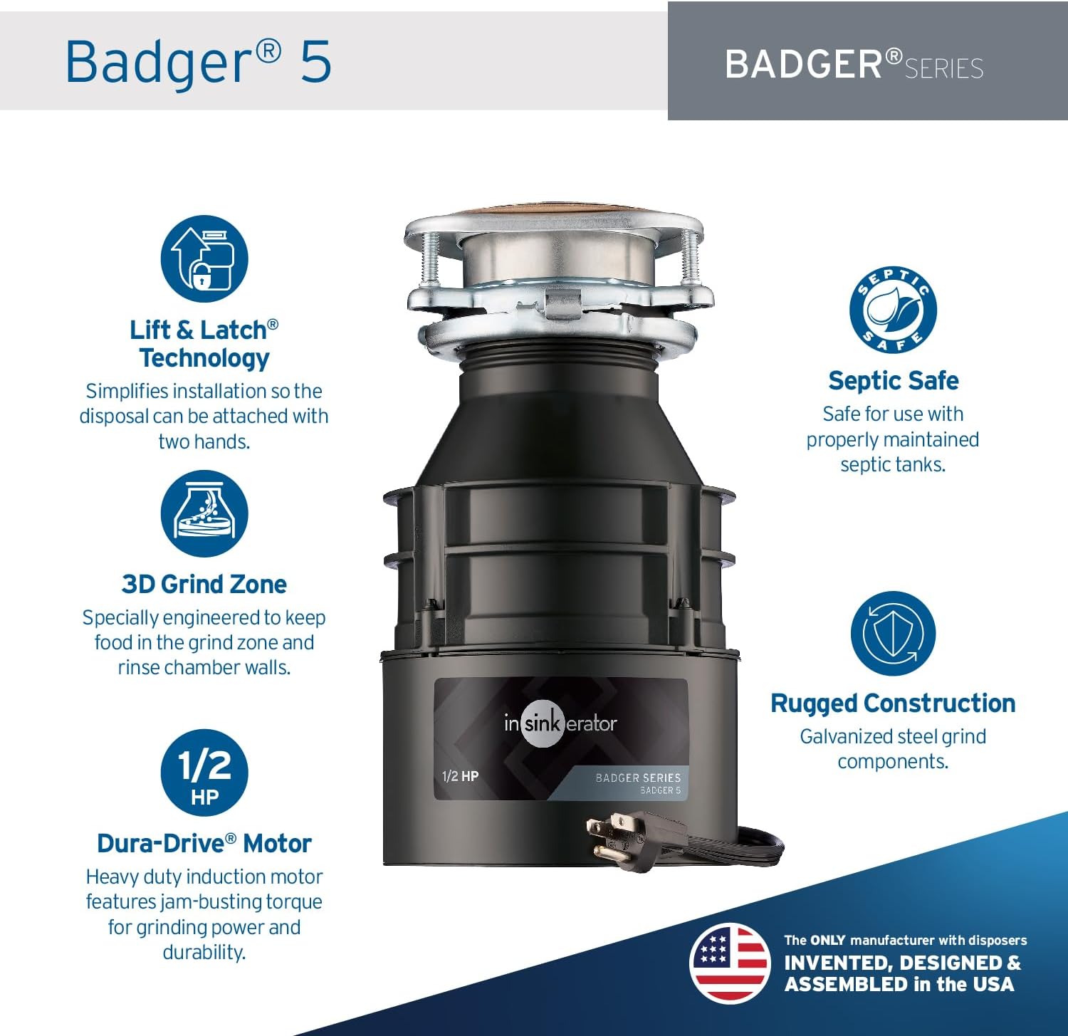InSinkErator Badger 1 Garbage Disposal with Power Cord, Badger Series 1/3 HP Continuous Feed Food Waste Disposer