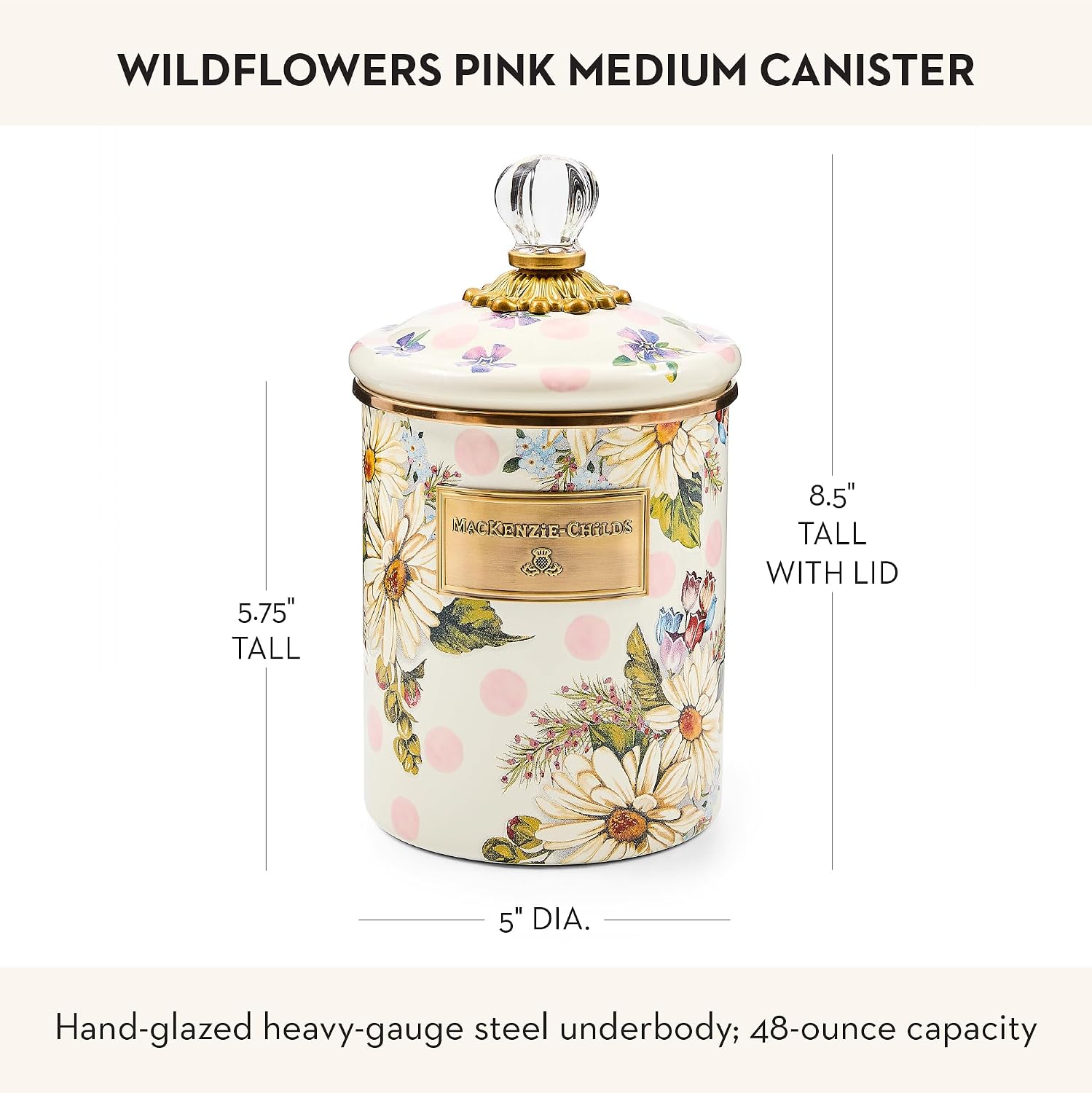 MACKENZIE-CHILDS Enamel Canister, Medium, White Butterfly Garden | Hand-applied design, made from enameled steel, versatile kitchen storage container for flour and sugar, 48-ounce capacity