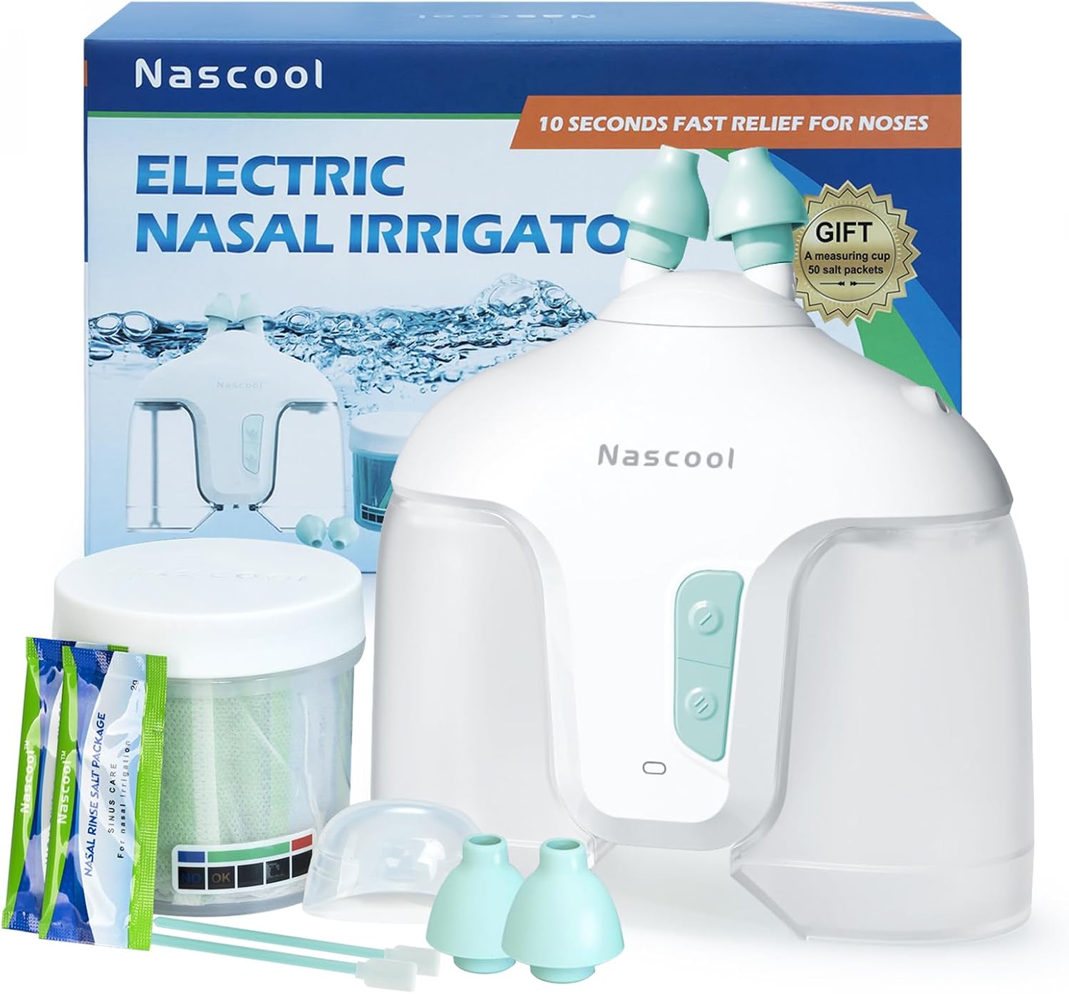 Nascool Electric Nasal Irrigation System with 50 Salt Packets Nose Cleaner | 2 Modes Sinus Rinse Machine with Self-Cleaning Cap, Rotatable Nozzle Base