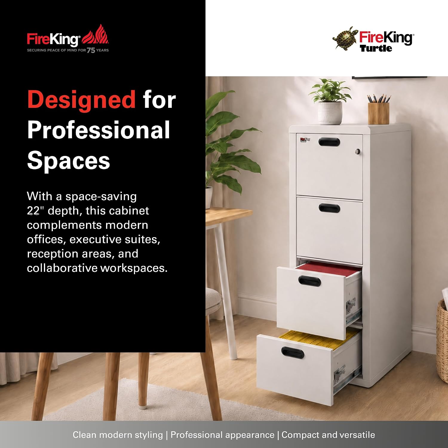 FireKing Turtle Vertical 2 Drawer Fire Rated File Cabinet, Black | 1 Hour Fire Rated Filing Cabinet - UL Class 350 - Water Resistant - Key Lock - Made in USA