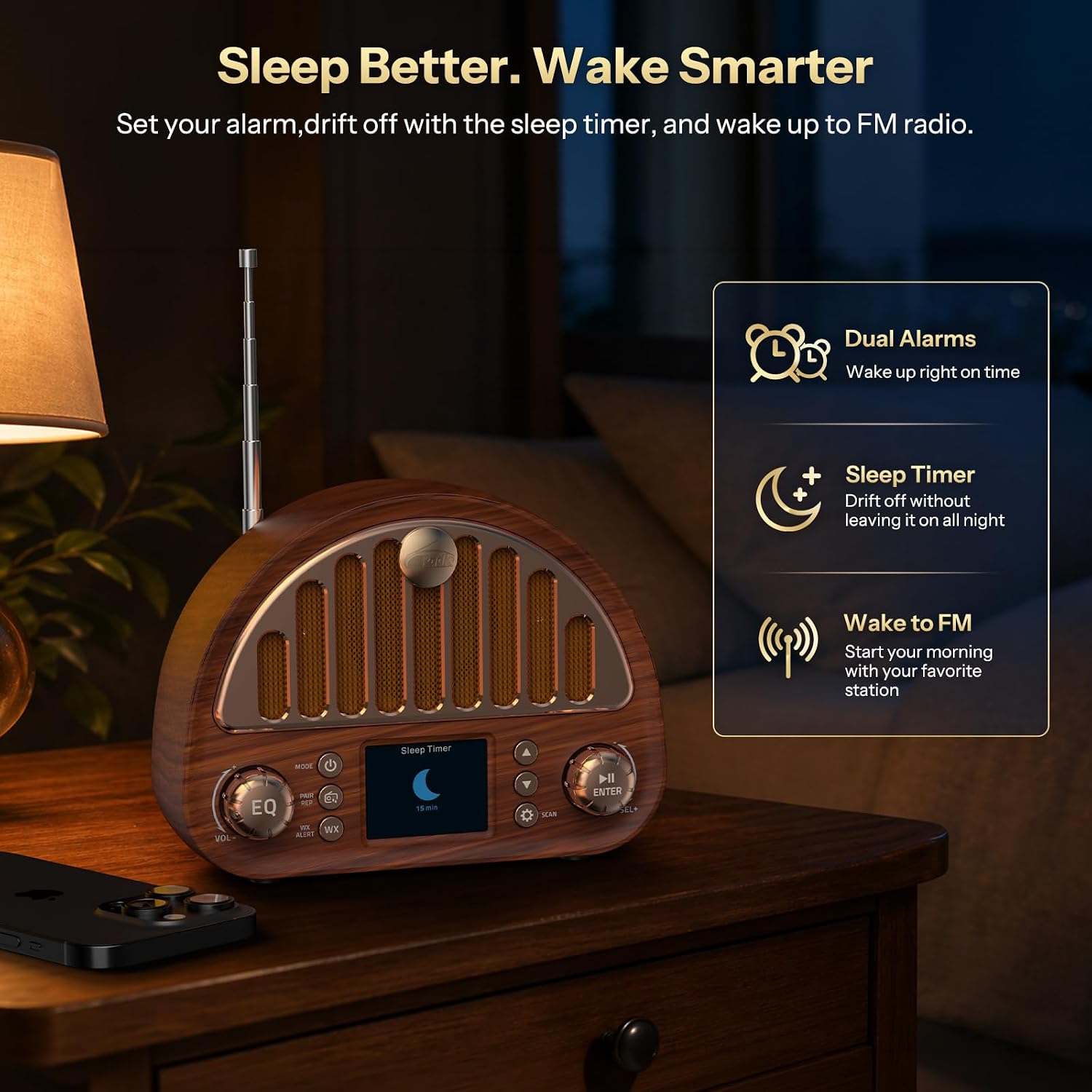 Retro FM Radio with NOAA Weather Alert & Bluetooth Speaker | 40 FM + 7 Weather Band Presets, 2" Color Display, Dual Alarm, Sleep Timer