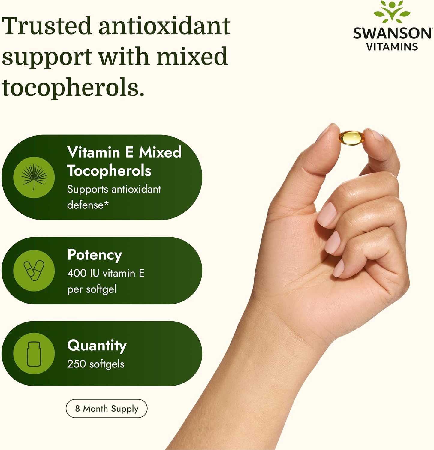 Swanson E-400 Mixed Tocopherols 400 IU, 250 Softgels | Provides 400 IU of Vitamin E from Mixed Tocopherols