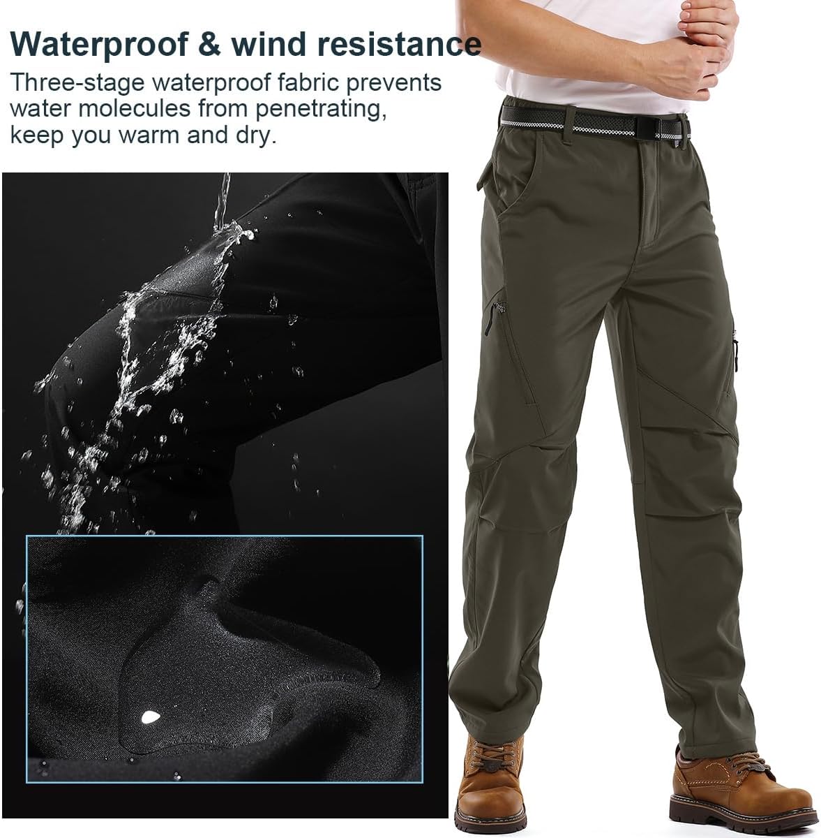 Men's Waterproof Pants Fleece Lined Insulated Winter Hiking Ski Snow Pants