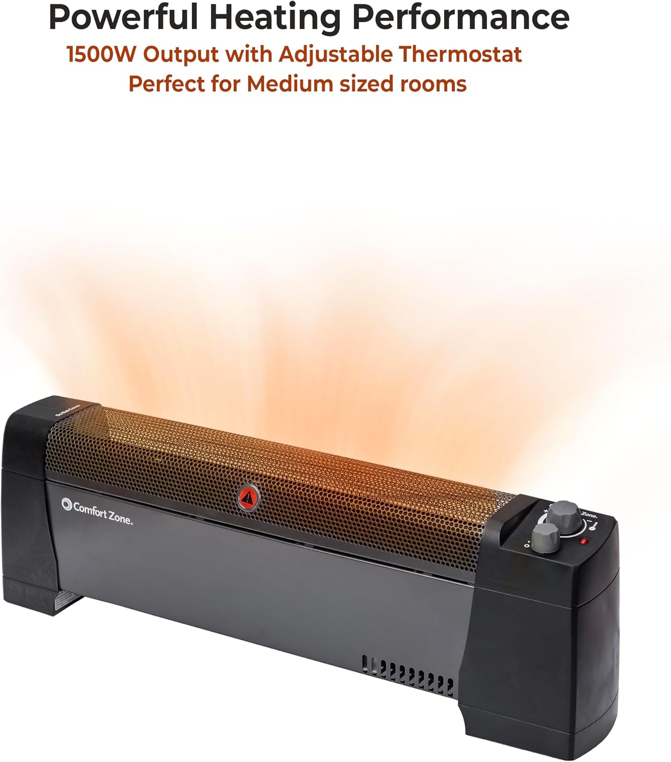 Comfort Zone Electric Baseboard Space Heater with Adjustable Thermostat, Dent-Proof End Panels, Overheat Protection, Tip-Over Switch, & Stay-Cool Body, Ideal for Home, Bedroom, & Office, 1,500W, CZ600