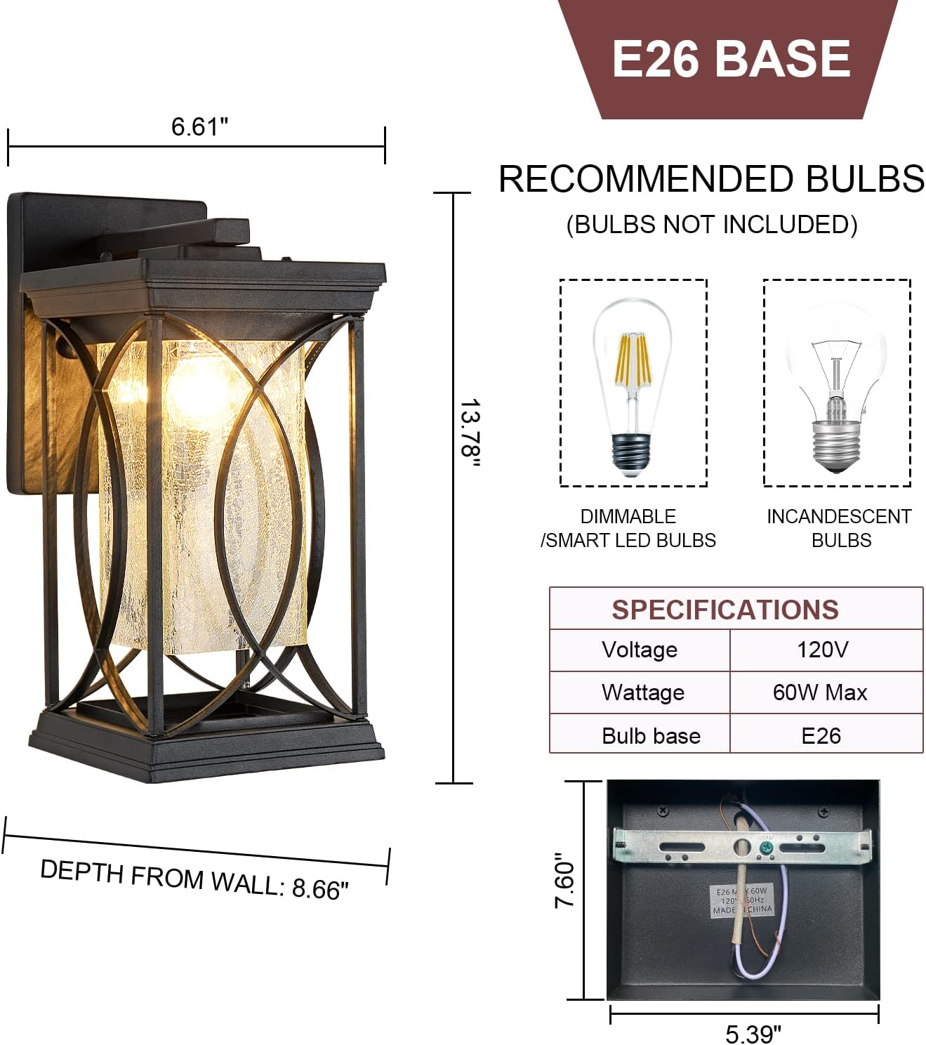 Dusk to Dawn Modern Outdoor Coach Lantern Exterior Light Fixtures Black Aluminum with Crack-Like Glass Waterproof Wall Sconce Mission Outside Light