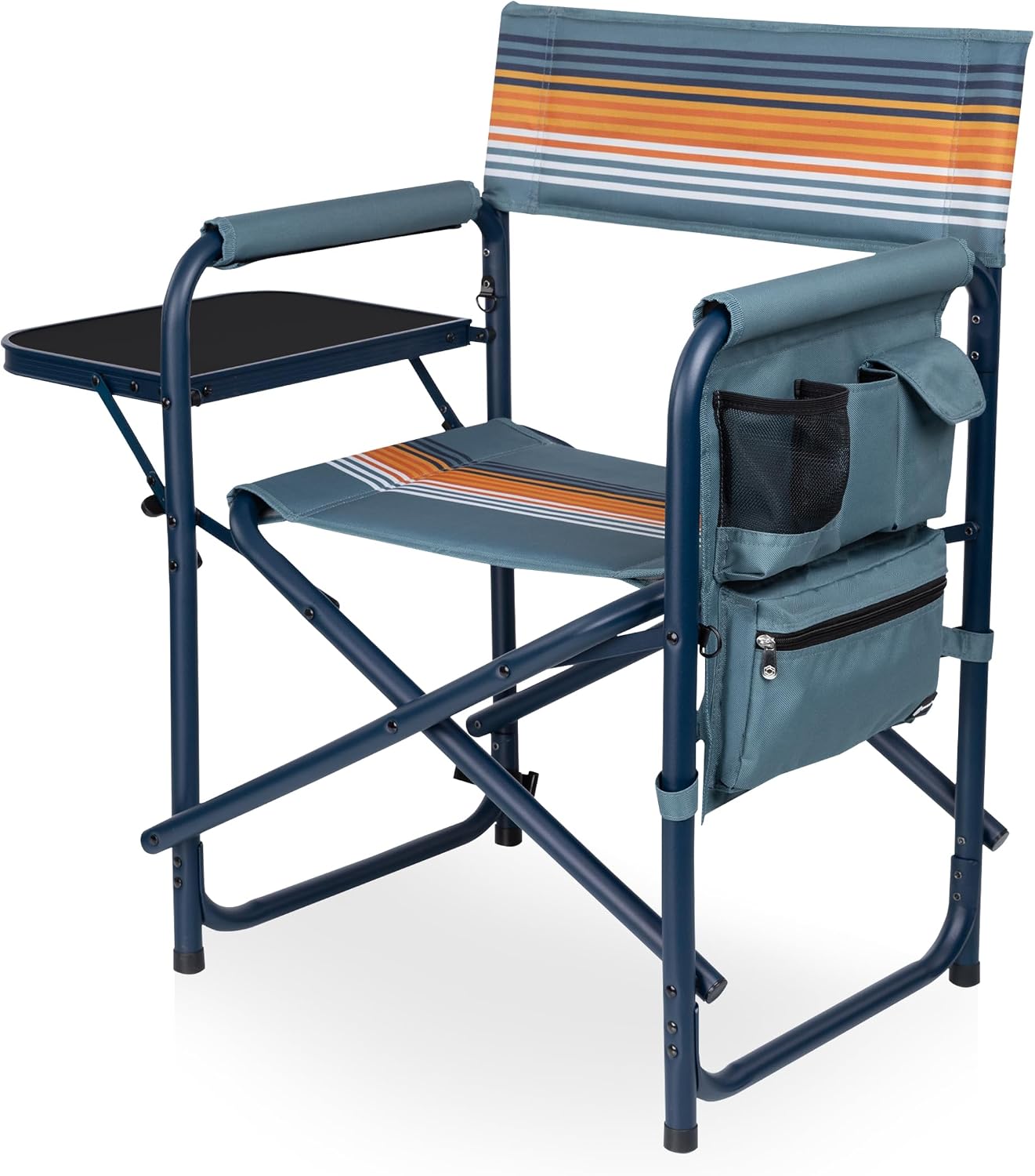 PICNIC TIME Sports Chair with Side Table and Armrest Caddy, Lightweight Aluminum Folding Outdoor Camping Chair for Adults, Portable Director Style Lawn Seating with Pockets & Carry Strap, (Navy Blue)