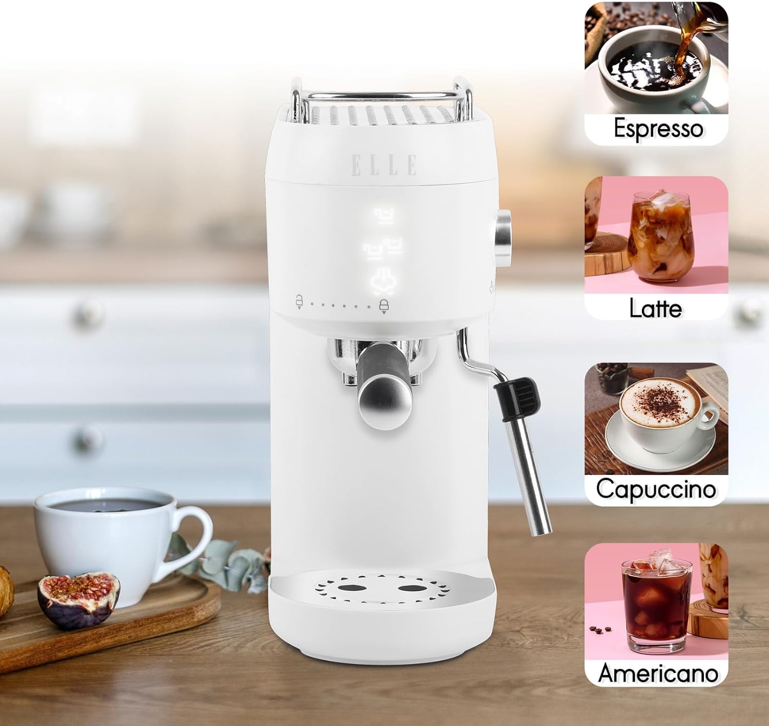 ELLE 1L Espresso Maker Latte and Cappuccino Maker with 20 Bar Pump Pressure and Illuminated Touch Button with Milk Frothing System and Cup Warmer 1400W White